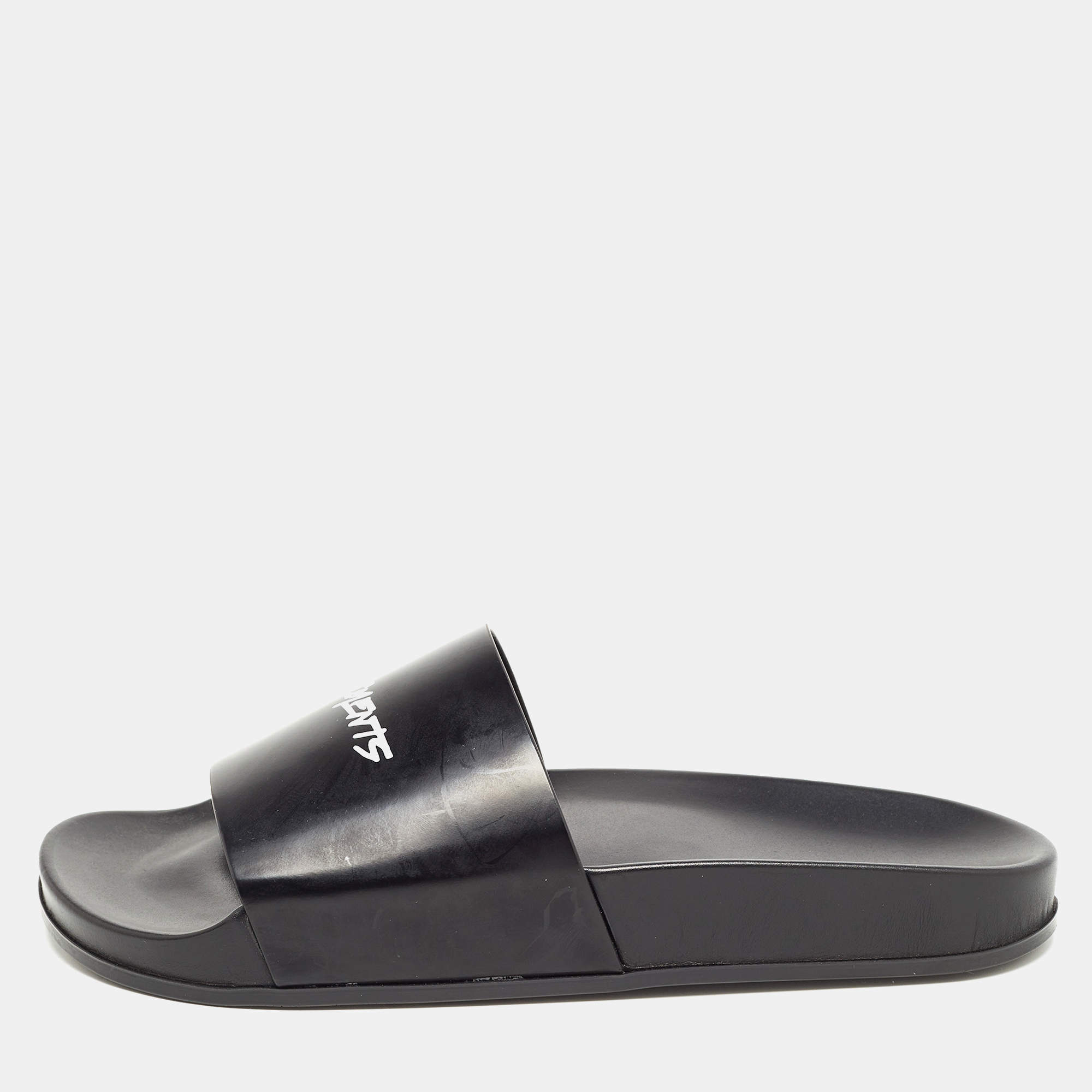 Vetements Black Leather Logo Flat Slides Size 43