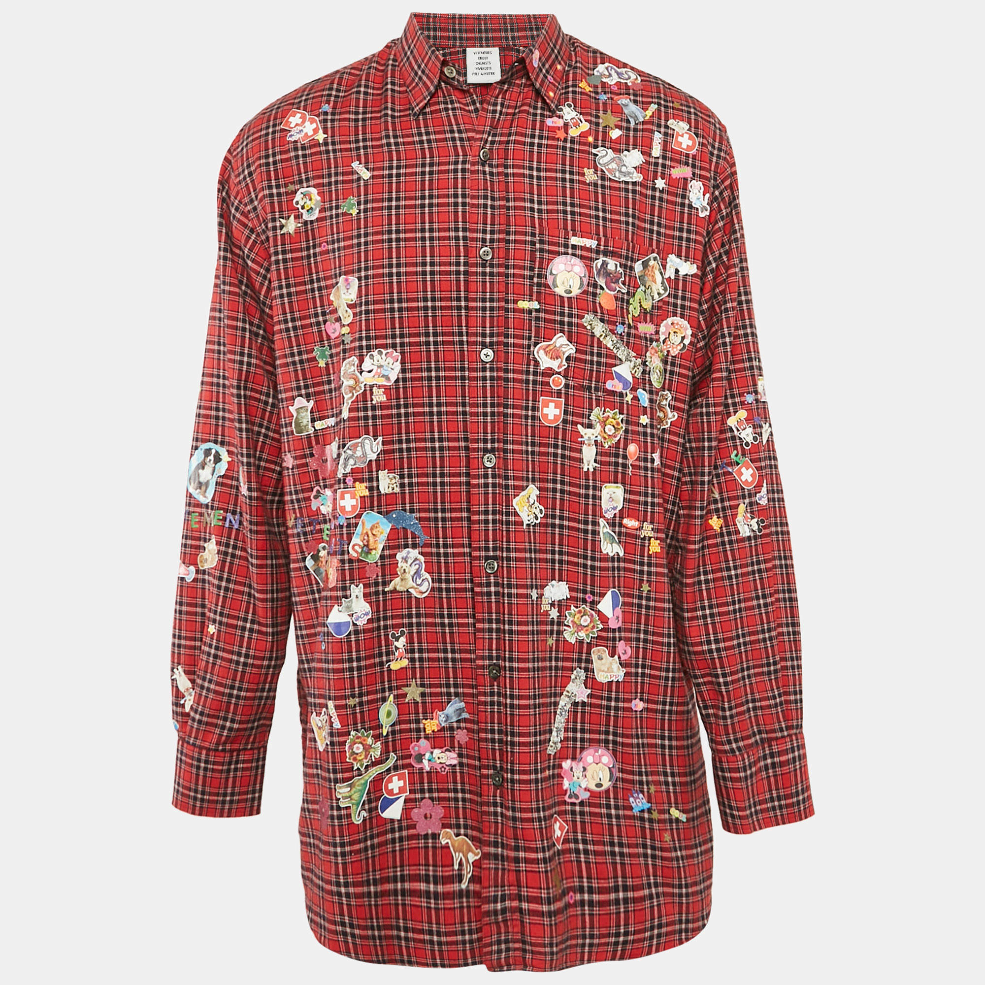 Pre Owned Vetements Red Plaid Sticker Print Chemises Oversized Shirt XS