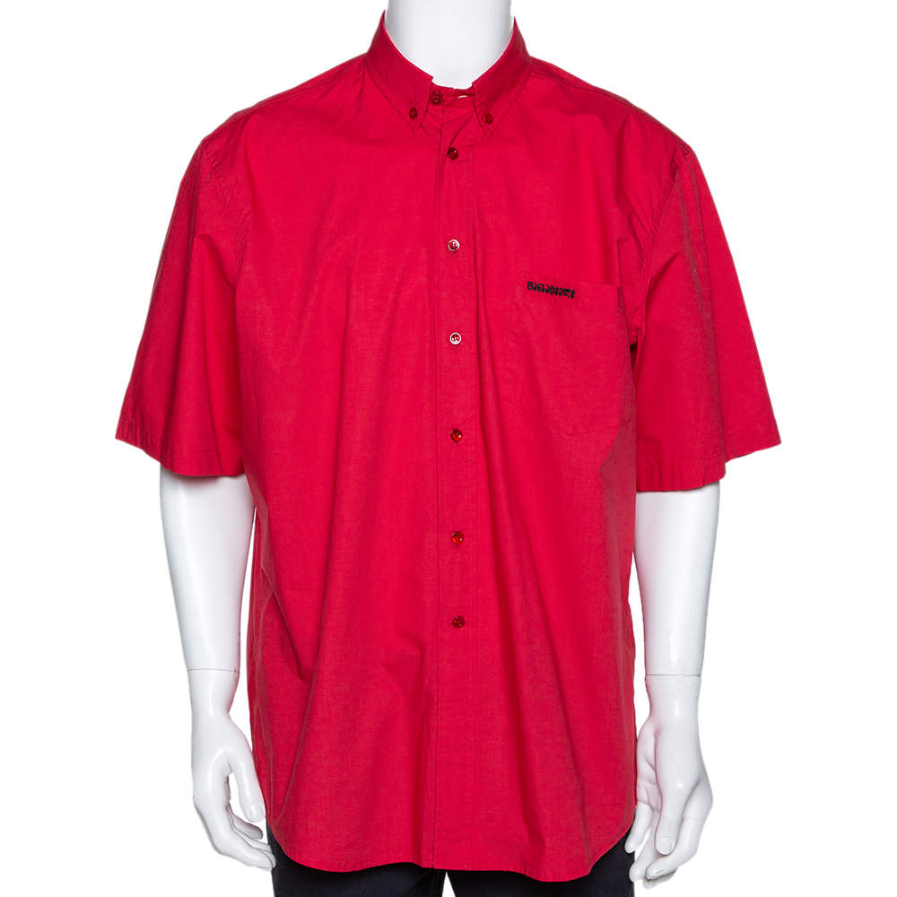 Vetements Red Embroidered Cotton Button Down Short Sleeve Shirt XL