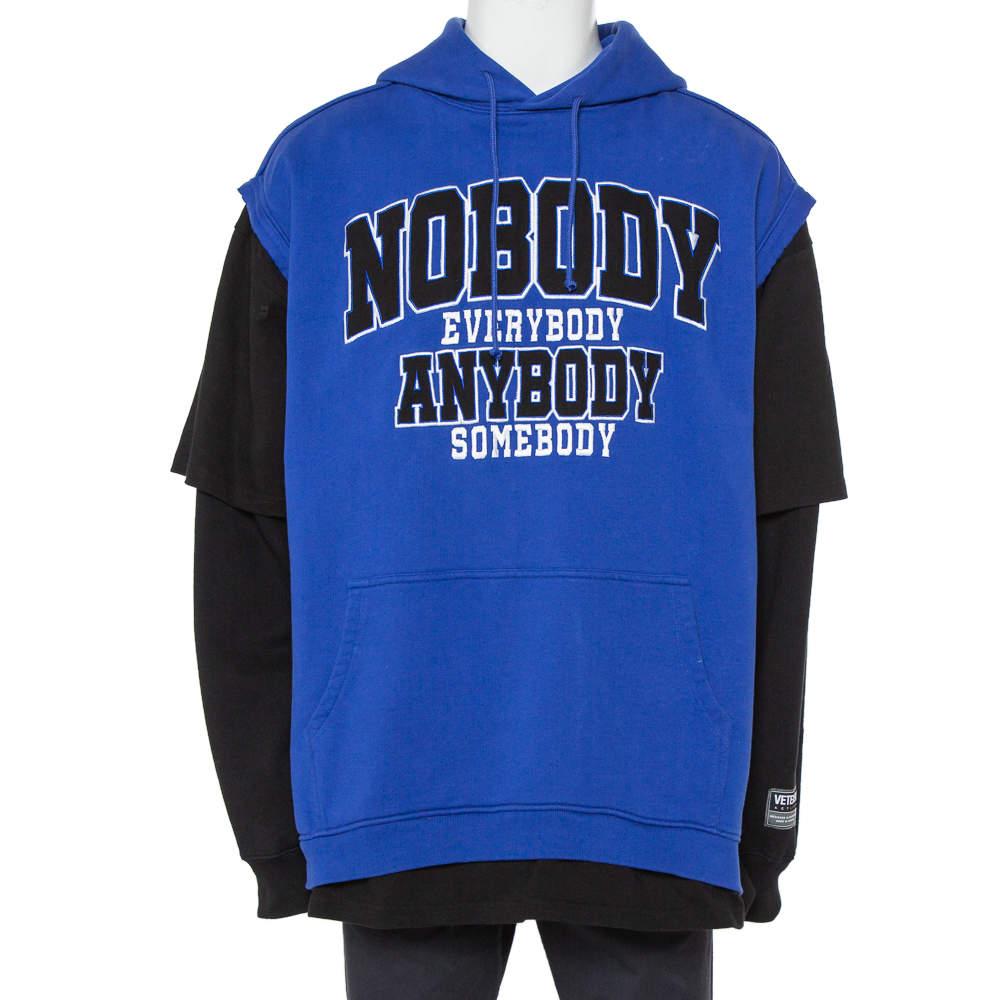Pre Owned Vetements Blue & Black Embroidered Cotton Oversized Hoodie S