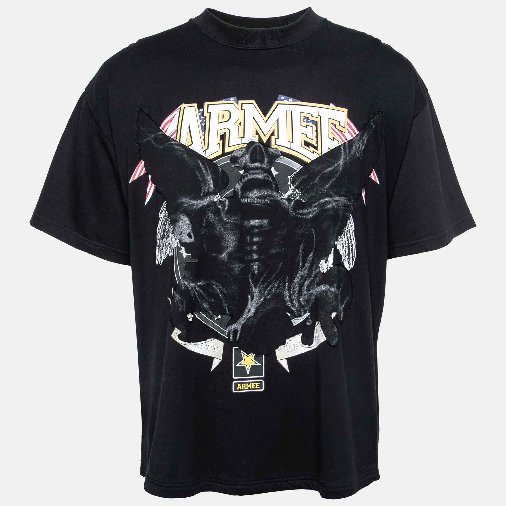 Pre Owned Vetements Black Cotton Armee Print and Crystal Embellished Crew Neck T-Shirt M