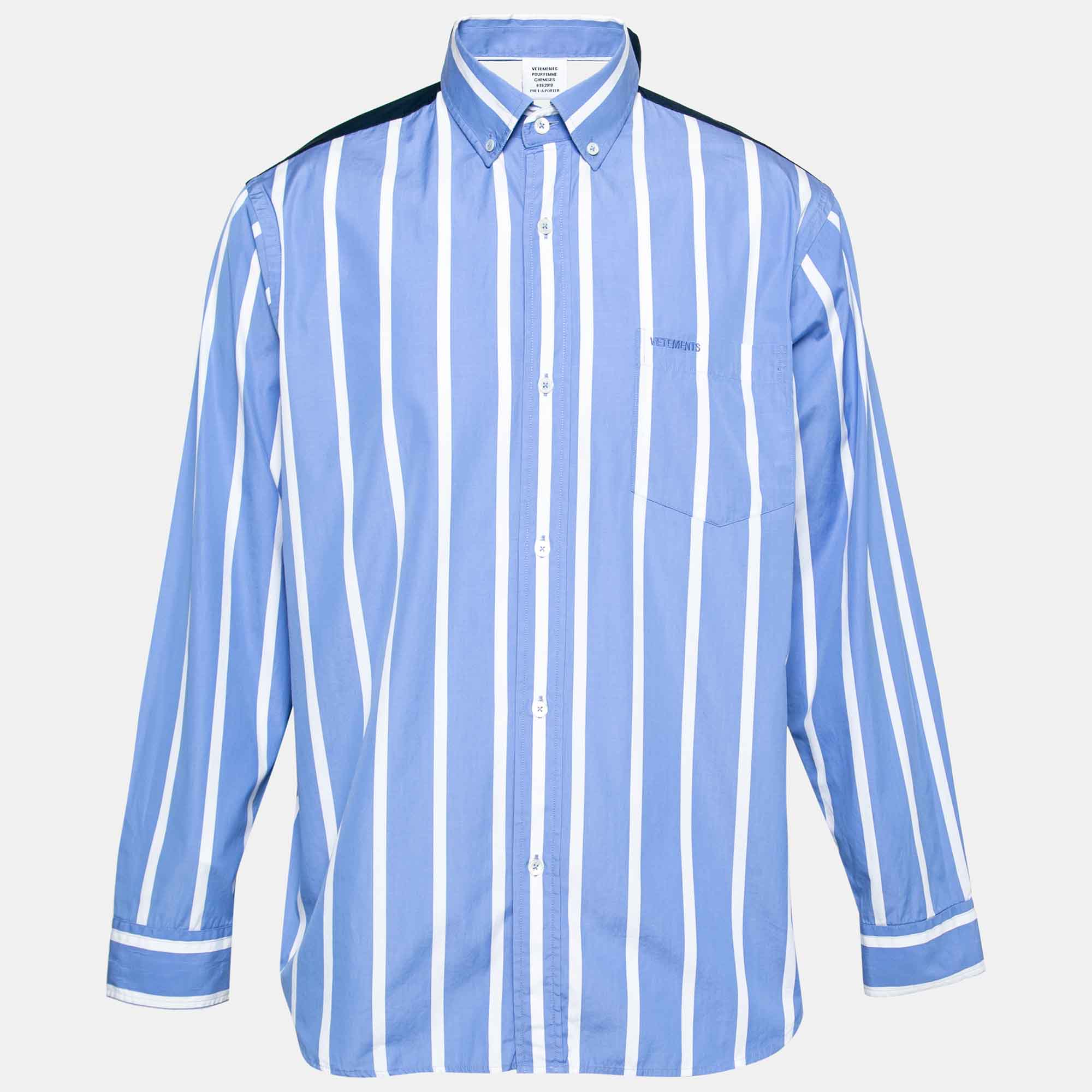 Pre Owned Vetements Blue Stripe Printed Button Down Double Face Shirt M