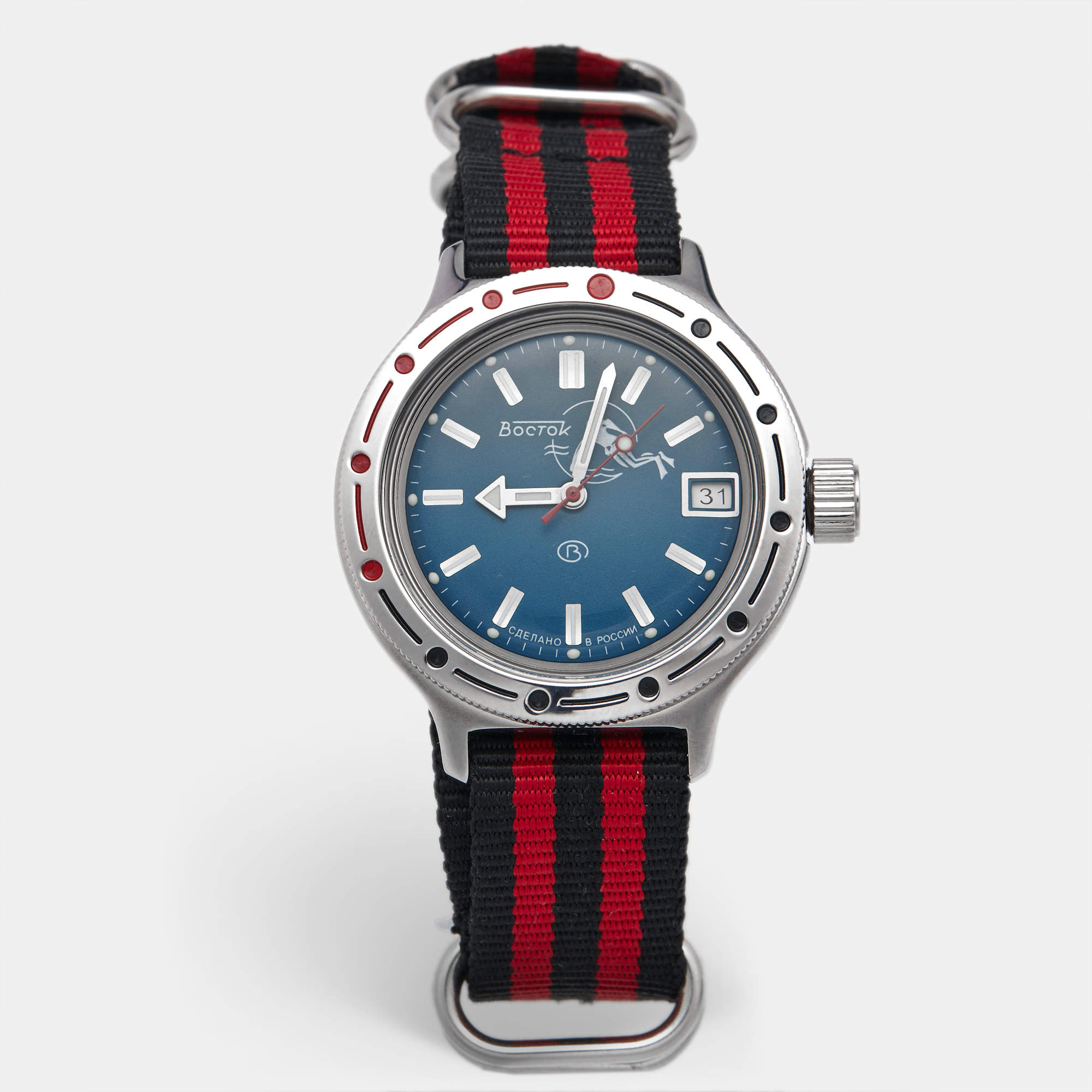 Pre Owned Vostok Amphibia 420059 Blue Dial Stainless Steel Fabric Men's Wristwatch 42mm