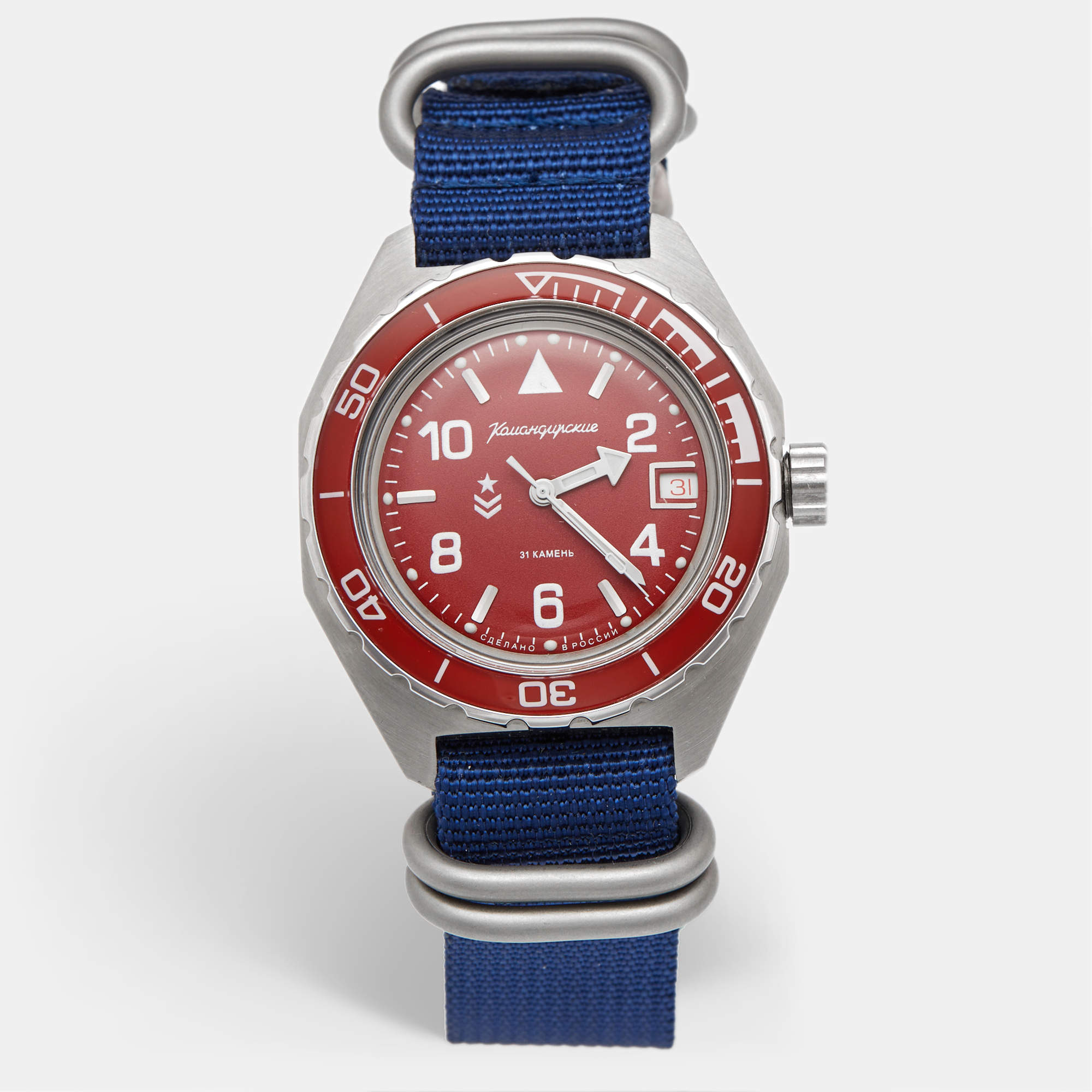 Pre Owned Vostok Komandirskie 650840 Red Dial Stainless Steel Fabric Men's Wristwatch 42mm