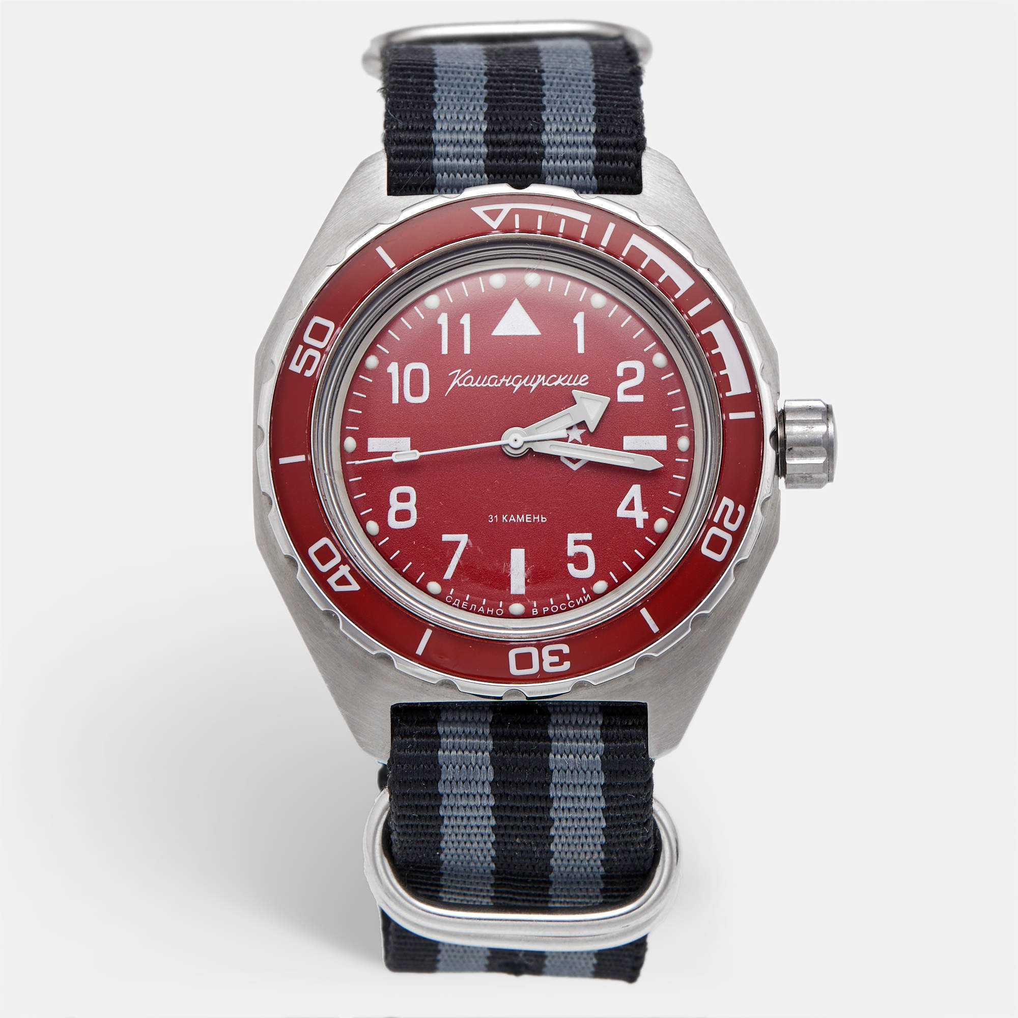 Pre Owned Vostok Komandirski  650840 Red Dial Stainless Steel Fabric Men's Wristwatch 42mm