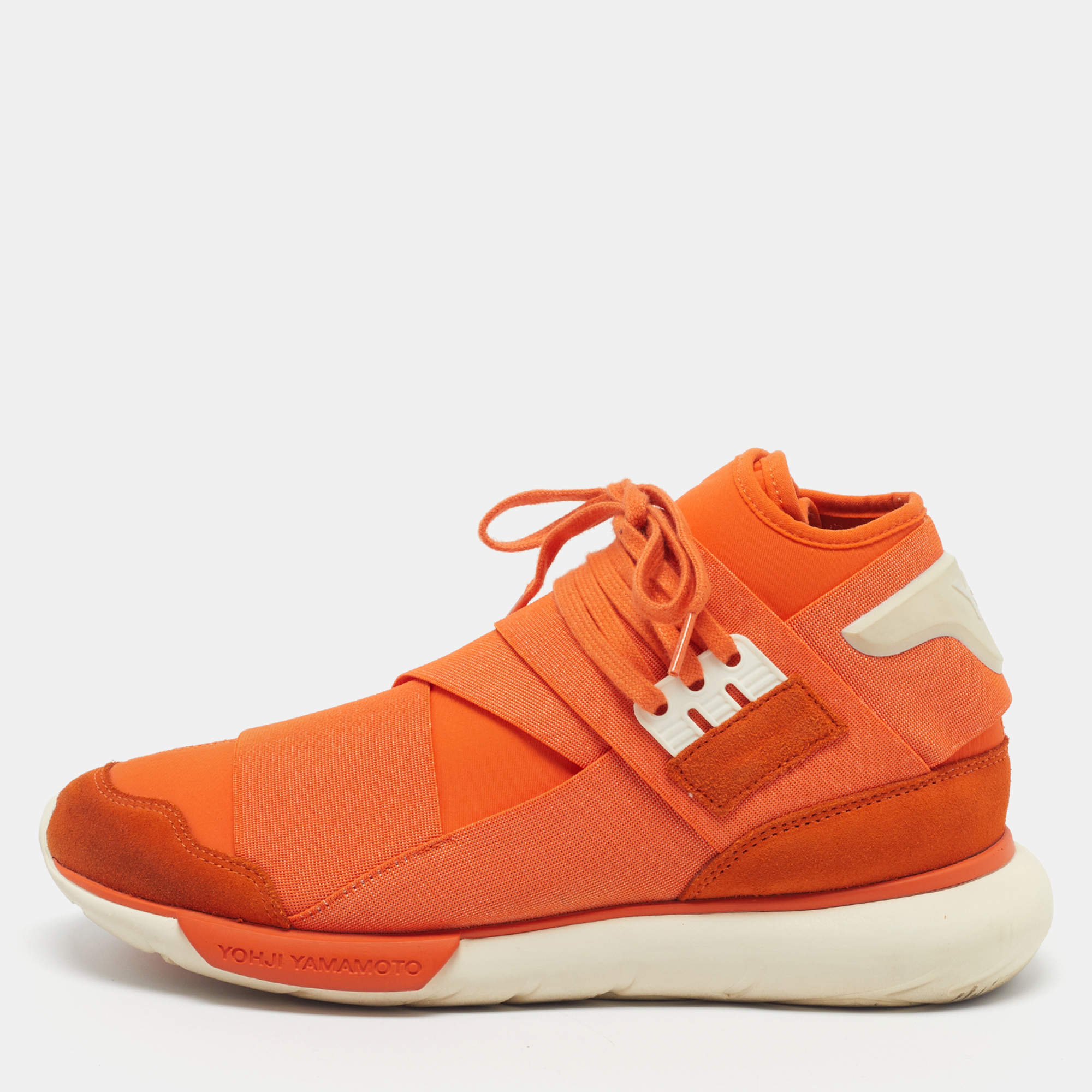 Pre Owned Y-3 x Adidas Qasa Size 43 1/3 Orange Neoprene and Suede High Top Sneakers