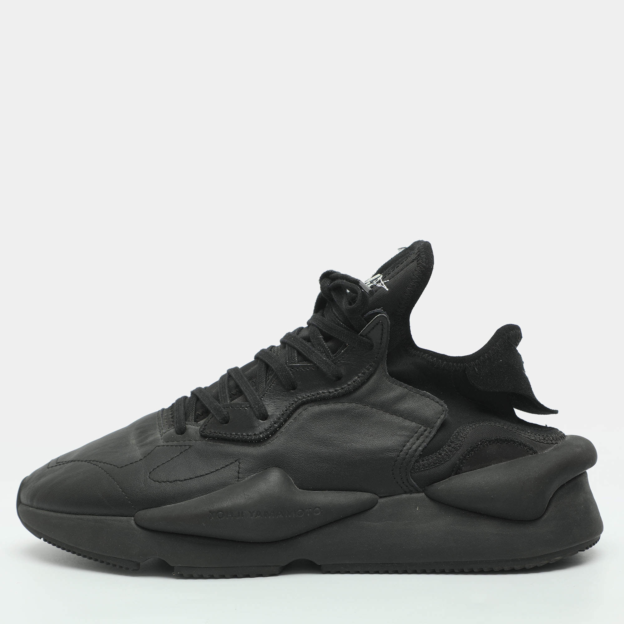 Pre Owned Y-3 Kaiwa Size 45 1/3 Black Fabric and Leather Low Top Sneakers