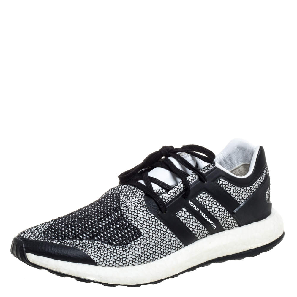 Pre Owned Y-3 Black/White Cotton Knit and Leather Pureboost Sneakers Size 44.5 