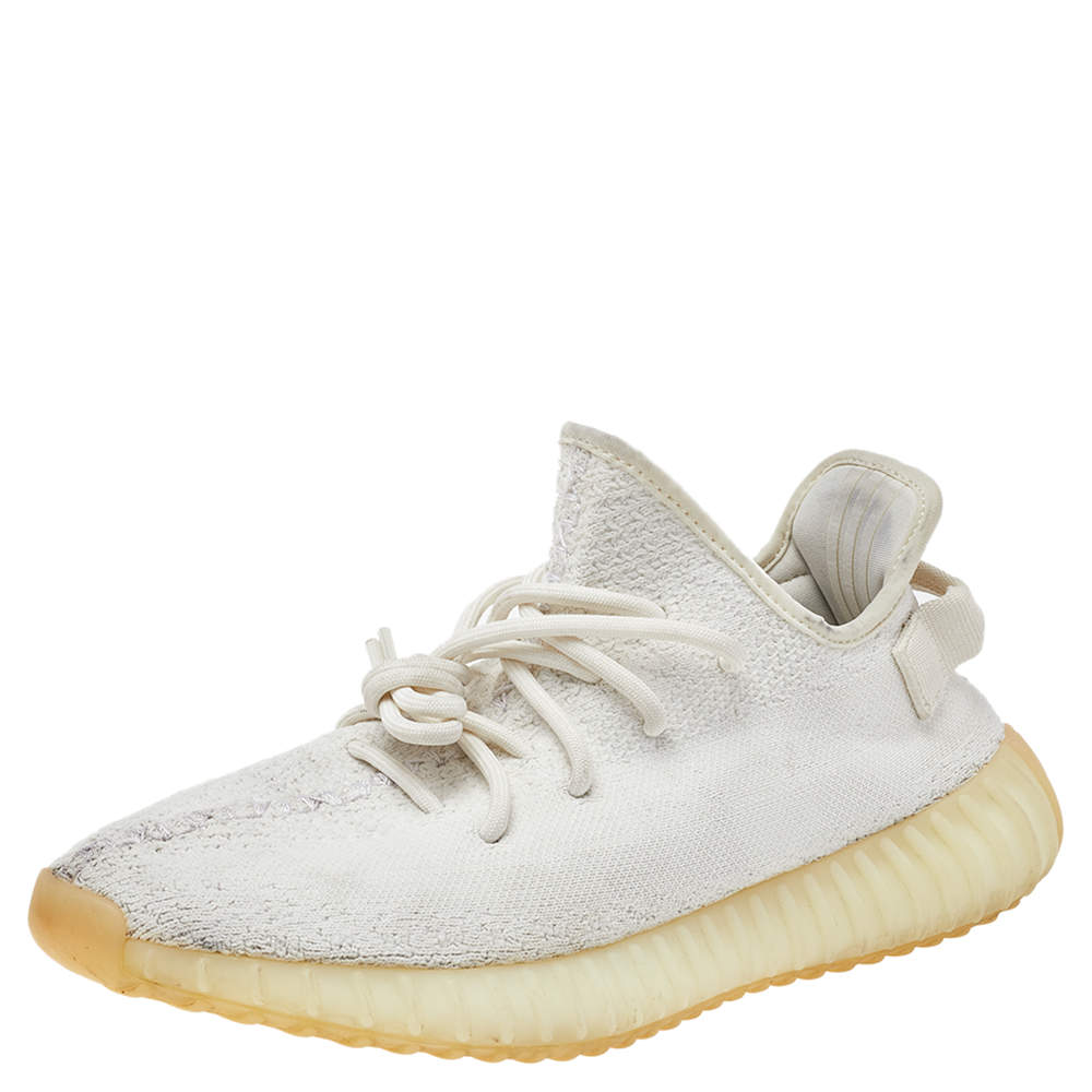 Pre Owned Yeezy x Adidas White Knit Fabric Boost 350 V2 Triple White Sneakers Size 42