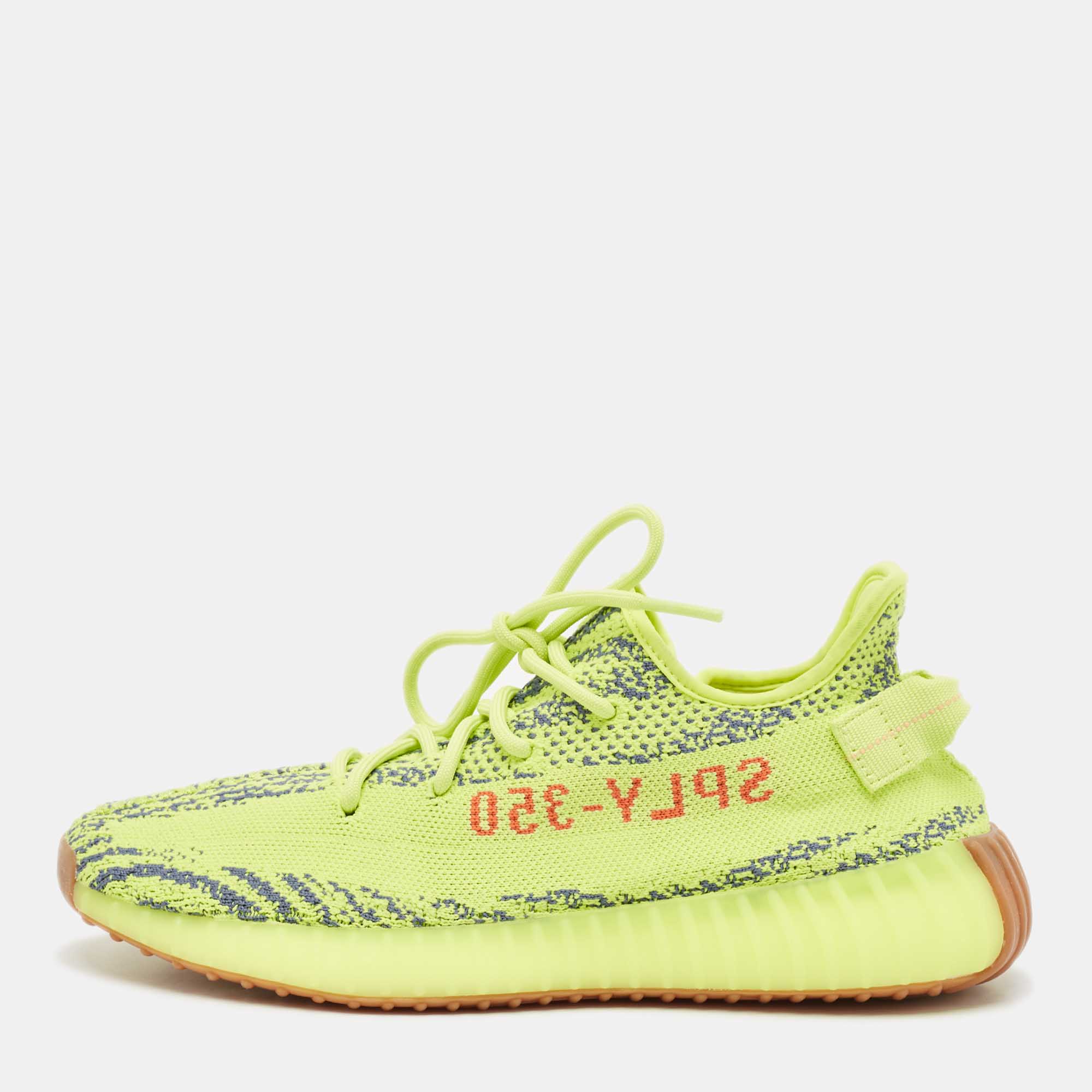 Pre Owned Yeezy x Adidas Neon Yellow Knit Fabric Boost 350 V2 Semi Frozen Yellow Sneakers Size 42 2/3