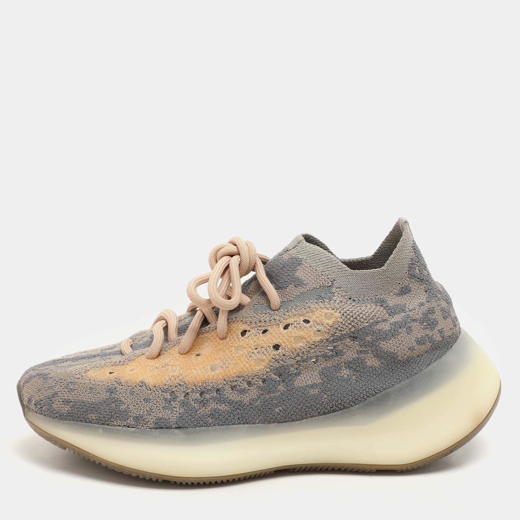 Pre Owned Yeezy x Adidas Grey/Beige Knit Fabric Boost 380 "Mist" Low Top Sneakers Size 38