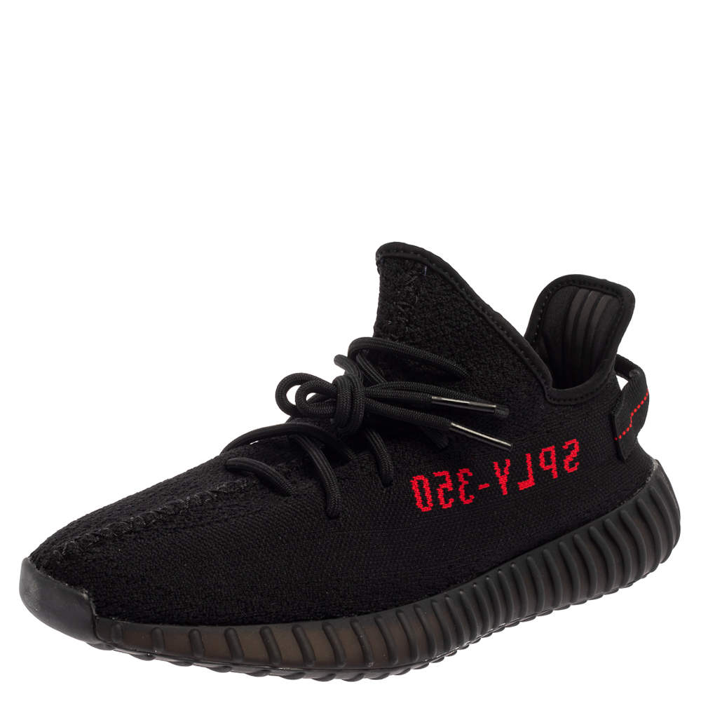Pre Owned Yeezy x Adidas Black/Red Knit Fabric Boost 350 V2 Low Top Sneakers Size 45 1/3