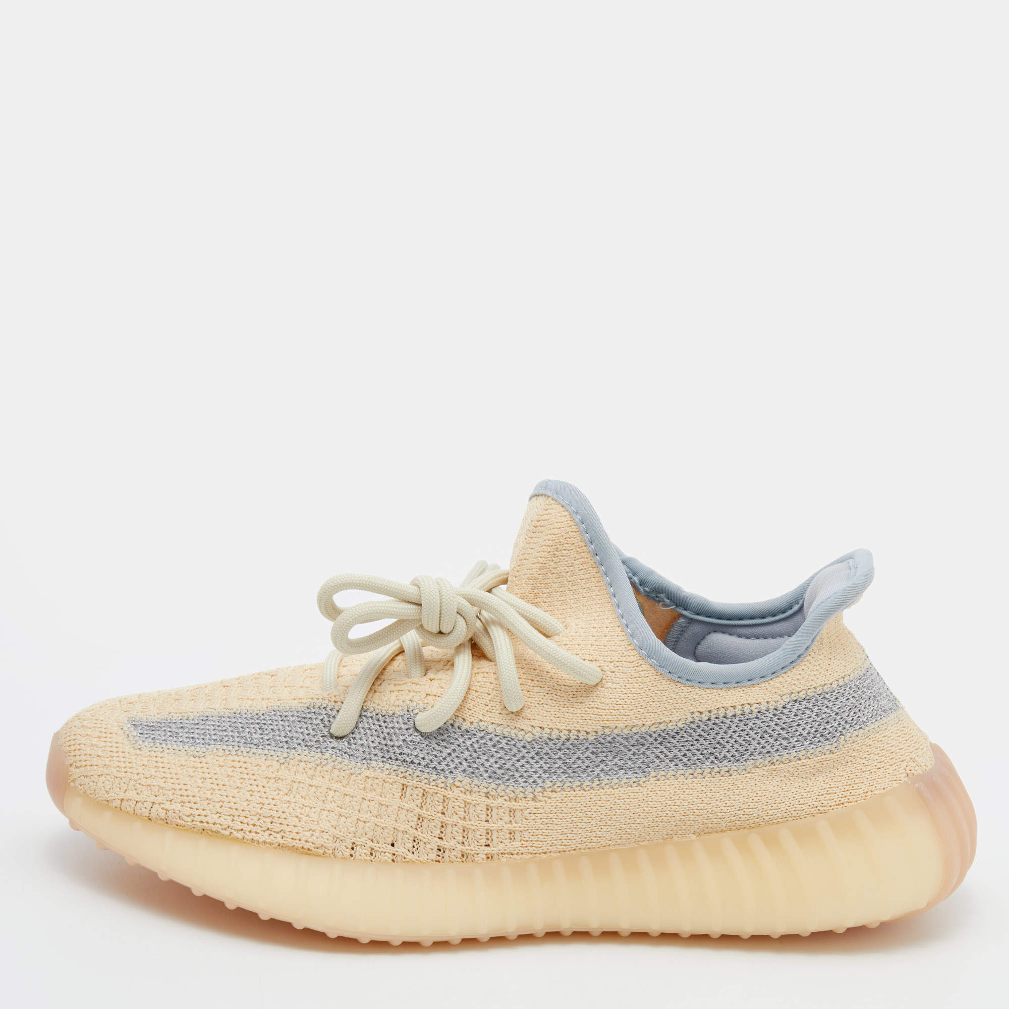 Pre Owned Yeezy x Adidas Beige Knit Fabric Boost 350 V2 Linen Low Top Sneakers Size 39 1/3 