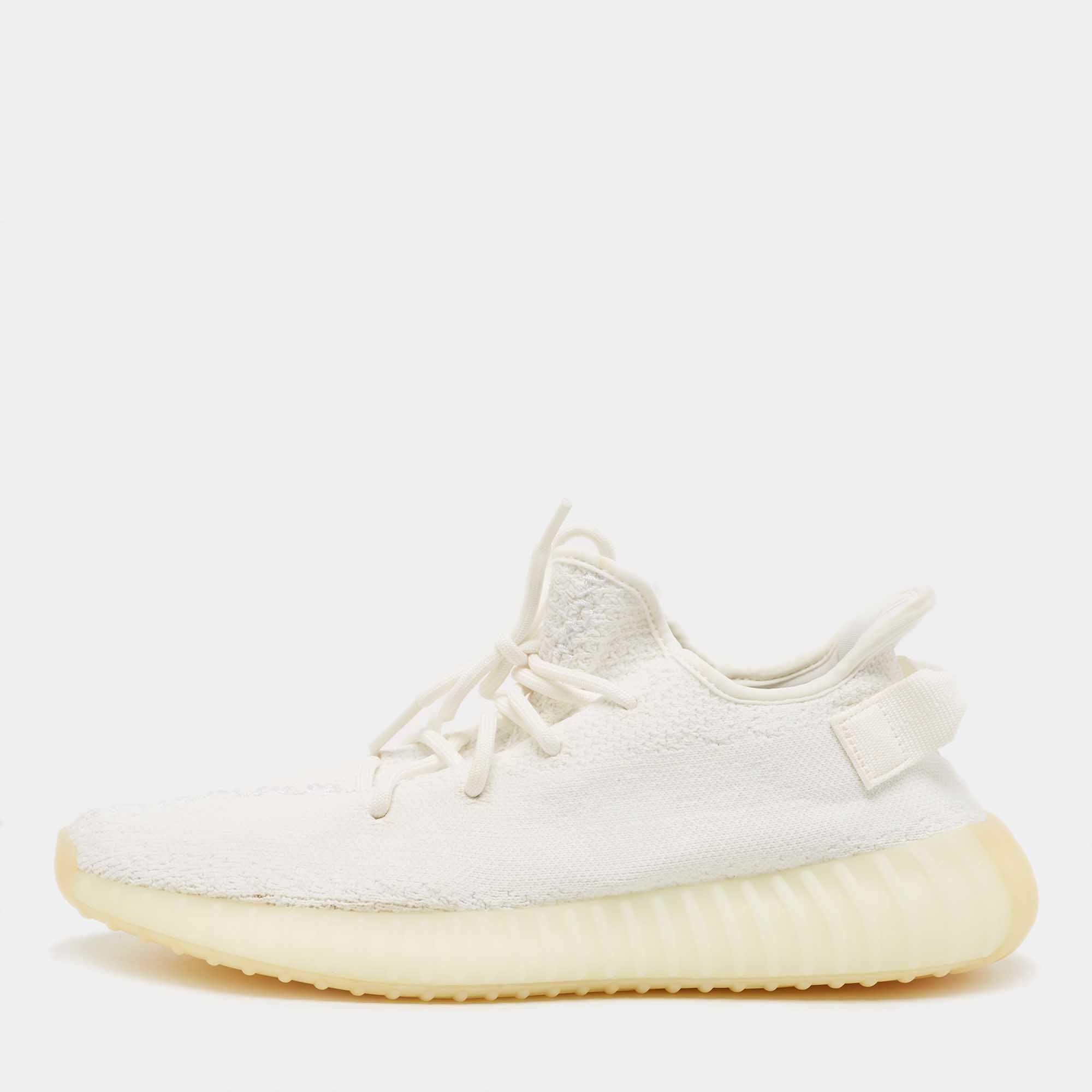 Pre Owned Yeezy x Adidas White Knit Fabric Boost 350 V2 Triple White Sneakers Size 43 1/3
