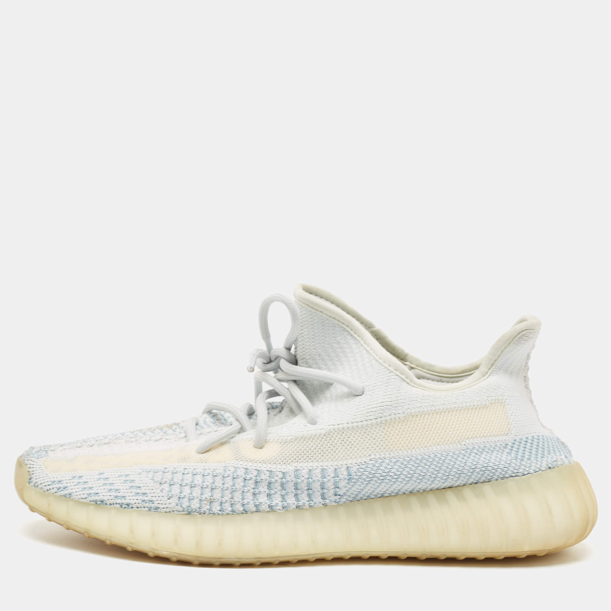Pre Owned Yeezy x Adidas Blue/White Knit Fabric Boost 350 V2 Cloud White Sneakers Size 43 1/3