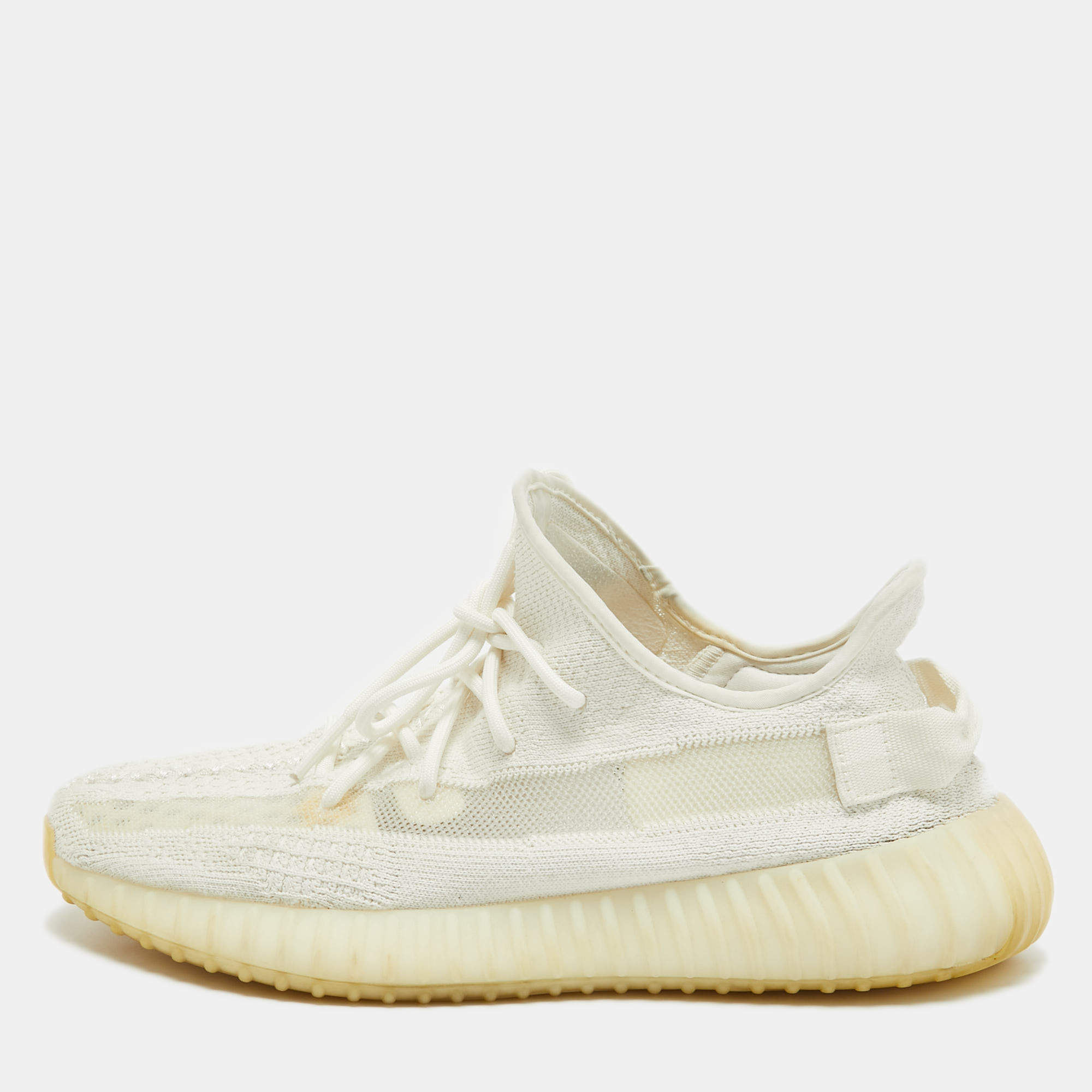 Pre Owned Yeezy x Adidas White Knit Fabric Boost 350 V2 White Sneakers Size 44
