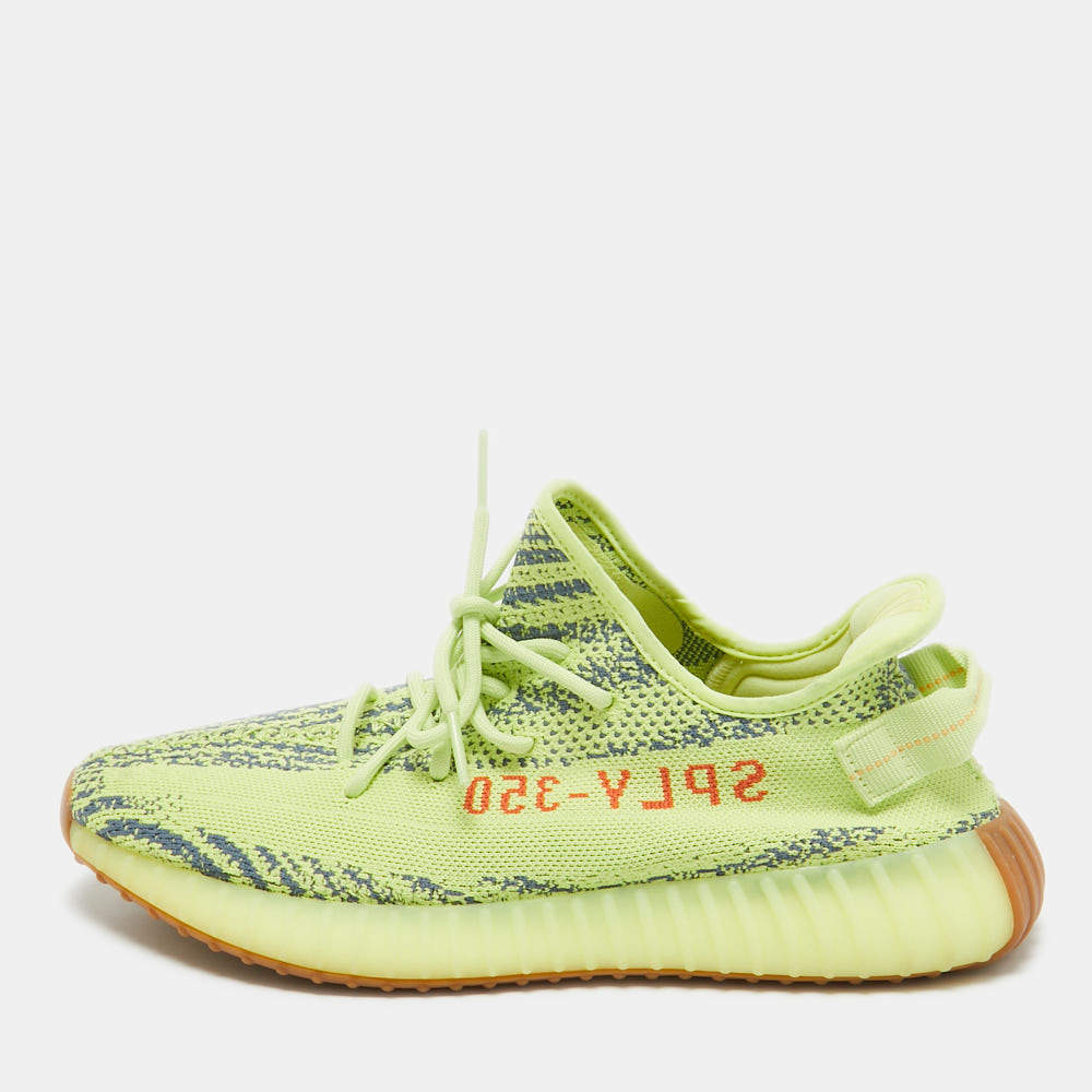 Pre Owned Yeezy x Adidas Green Knit Fabric Boost 350 V2  Frozen Yellow  Sneakers Size 46.5