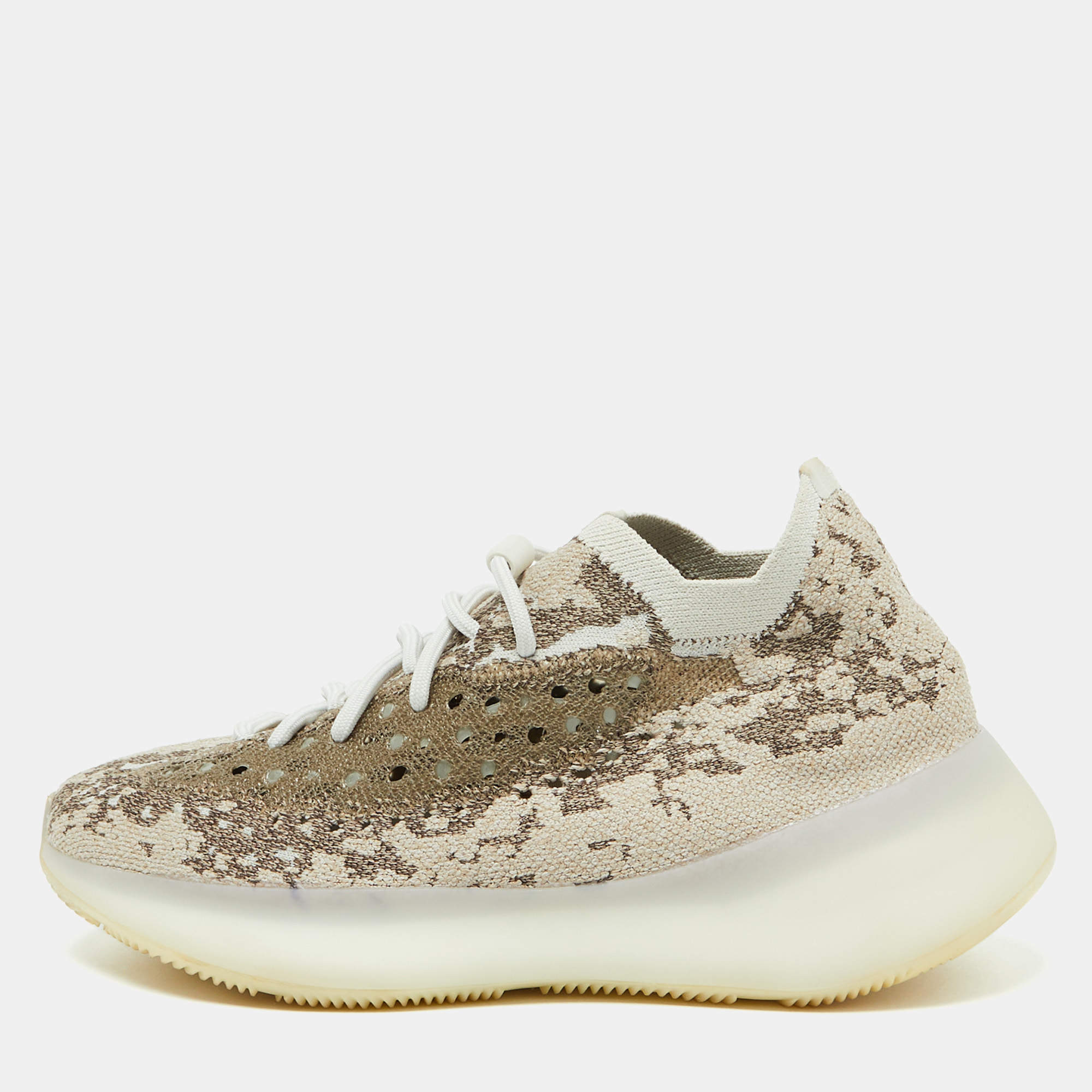 Pre Owned Yeezy x Adidas Beige/Brown Knit Fabric Boost 380 Pyrite Sneakers Size 41 1/3