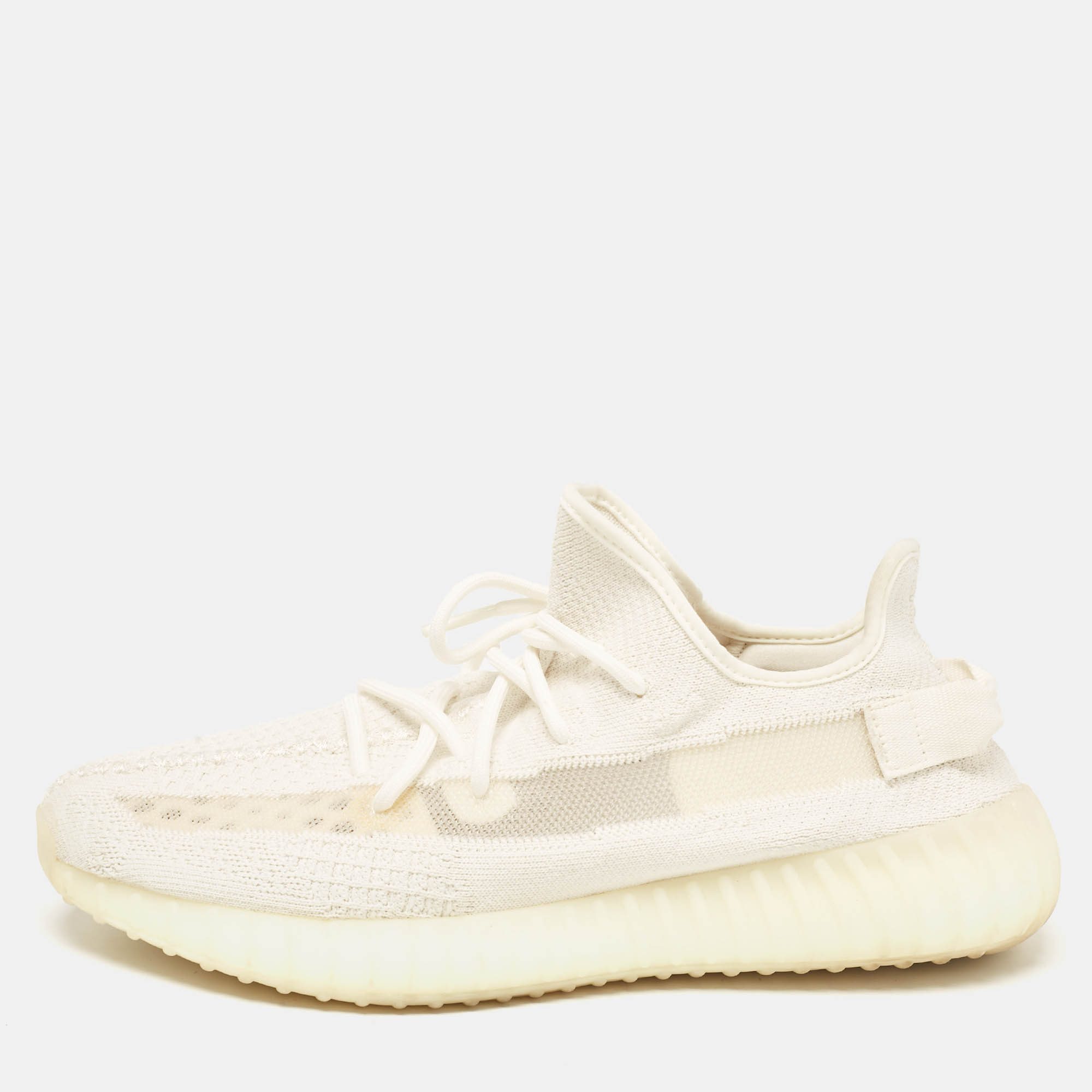 Pre Owned Yeezy x Adidas Off White Knit Fabric Boost 350 V2 Bone Sneakers Size 46 2/3