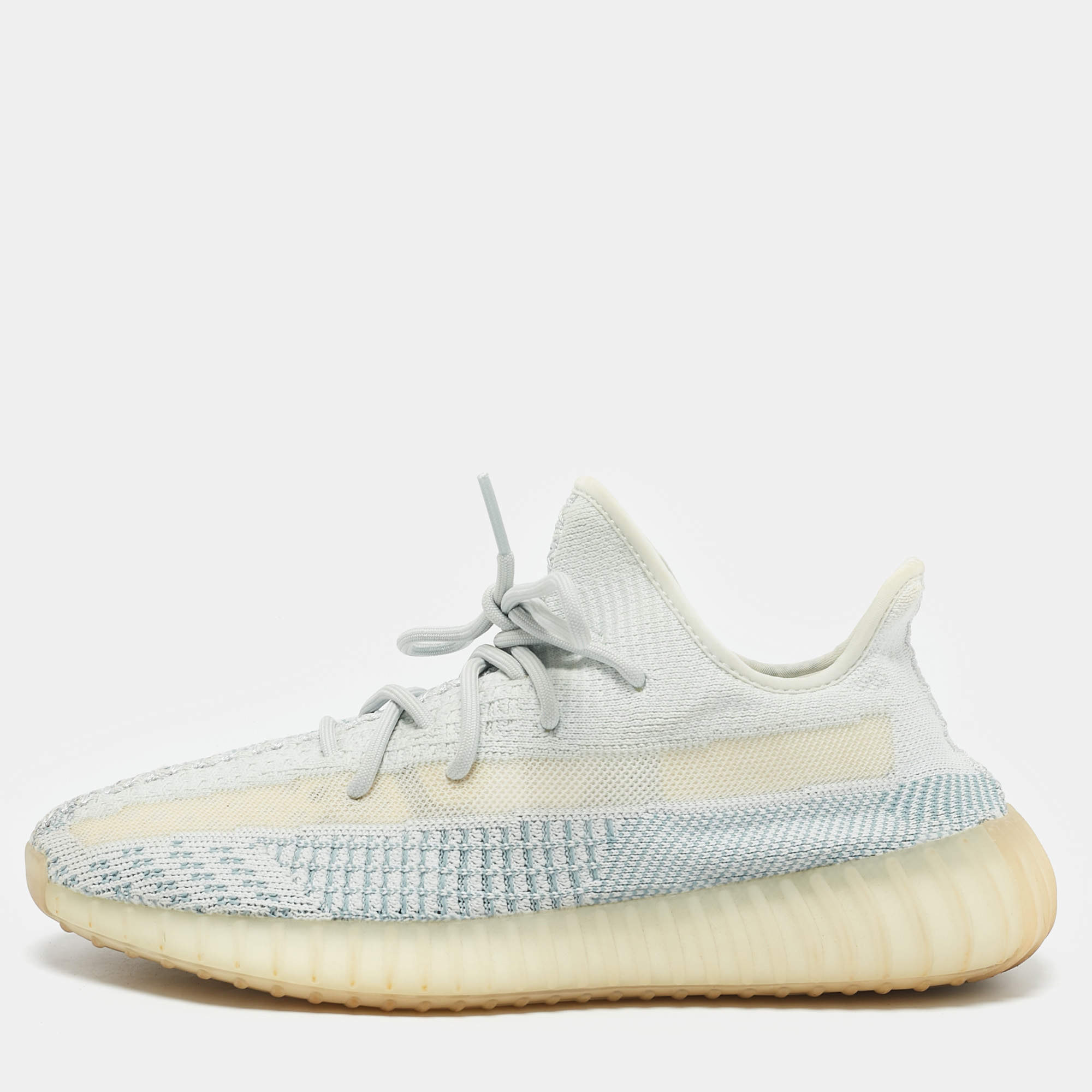 Pre Owned Yeezy x Adidas Blue/White Knit Fabric Boost 350 V2 Cloud White (Non-Reflective) Sneakers 43 1/3