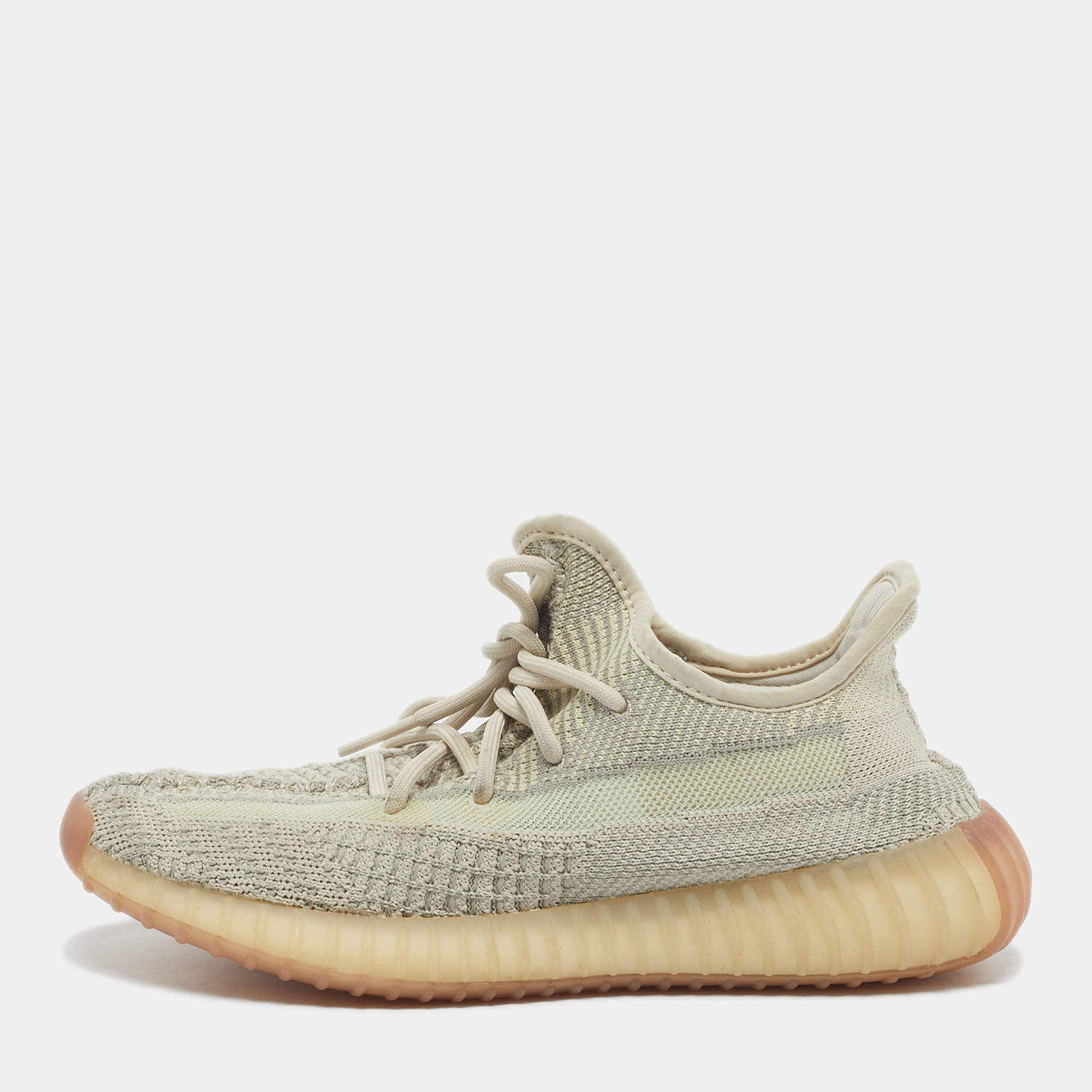 Pre Owned Yeezy x Adidas Pale Green Knit Fabric Boost 350 V2 Citrin (Non-Reflective) Sneakers Size 38.5