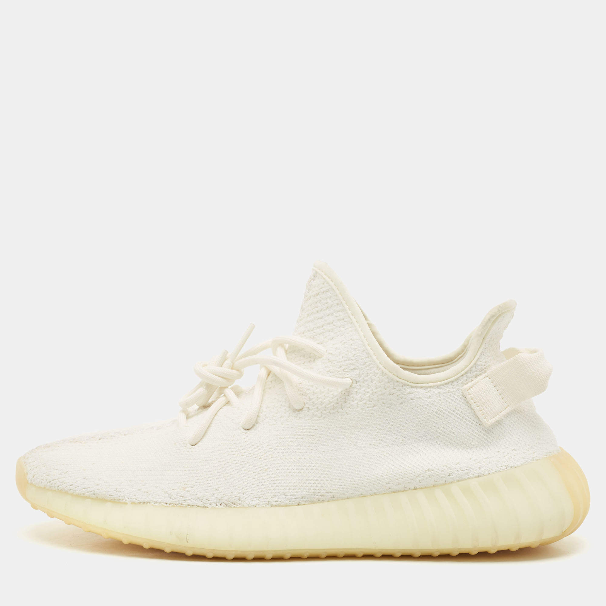 Pre Owned Yeezy x Adidas White Knit Fabric Boost 350 V2 Cream White Sneakers Size 44