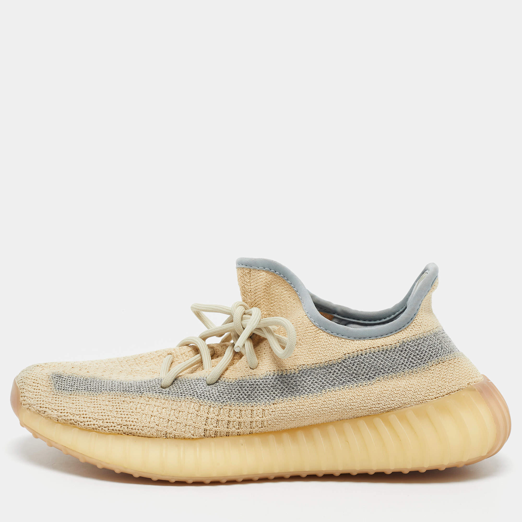 Pre Owned Yeezy x Adidas Beige/Blue Knit Fabric Boost 350 V2 Linen Sneakers Size 42