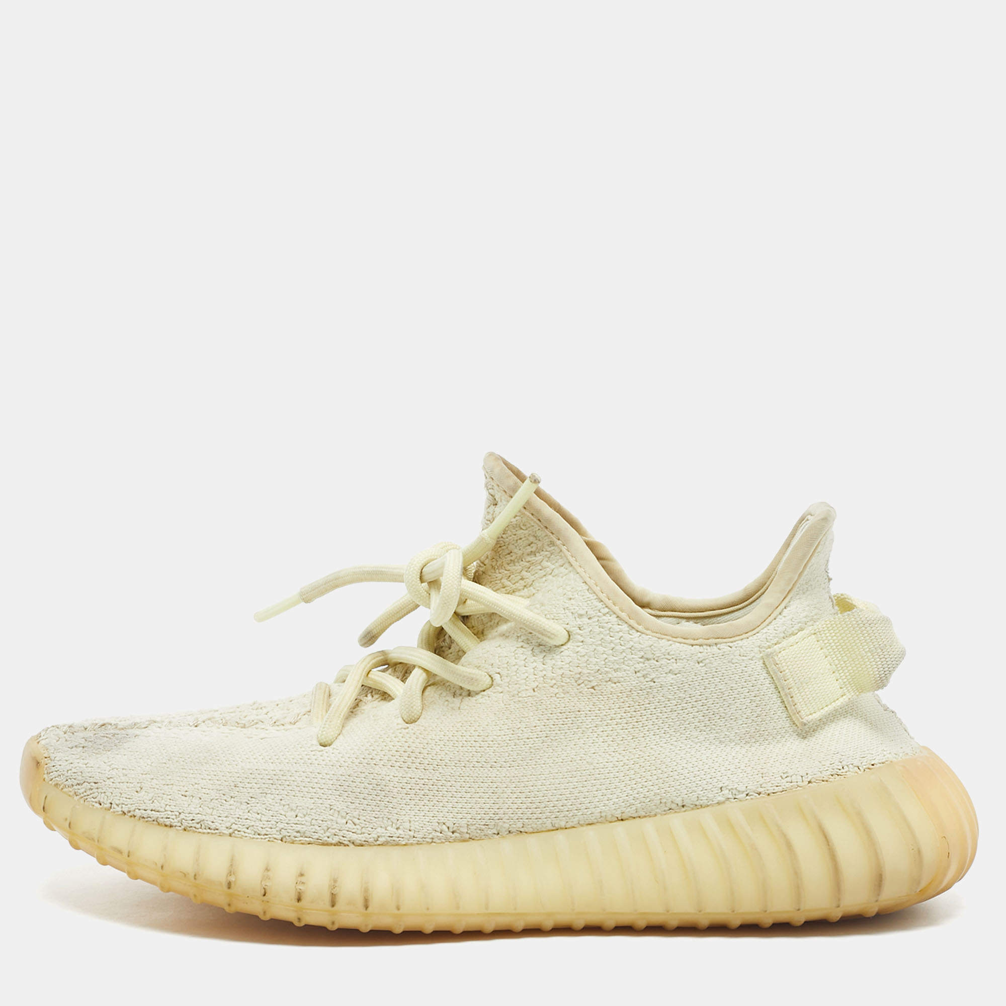 Pre Owned Yeezy x Adidas Light Yellow Knit Fabric Boost 350 V2 Butter Sneakers Size 38 2/3