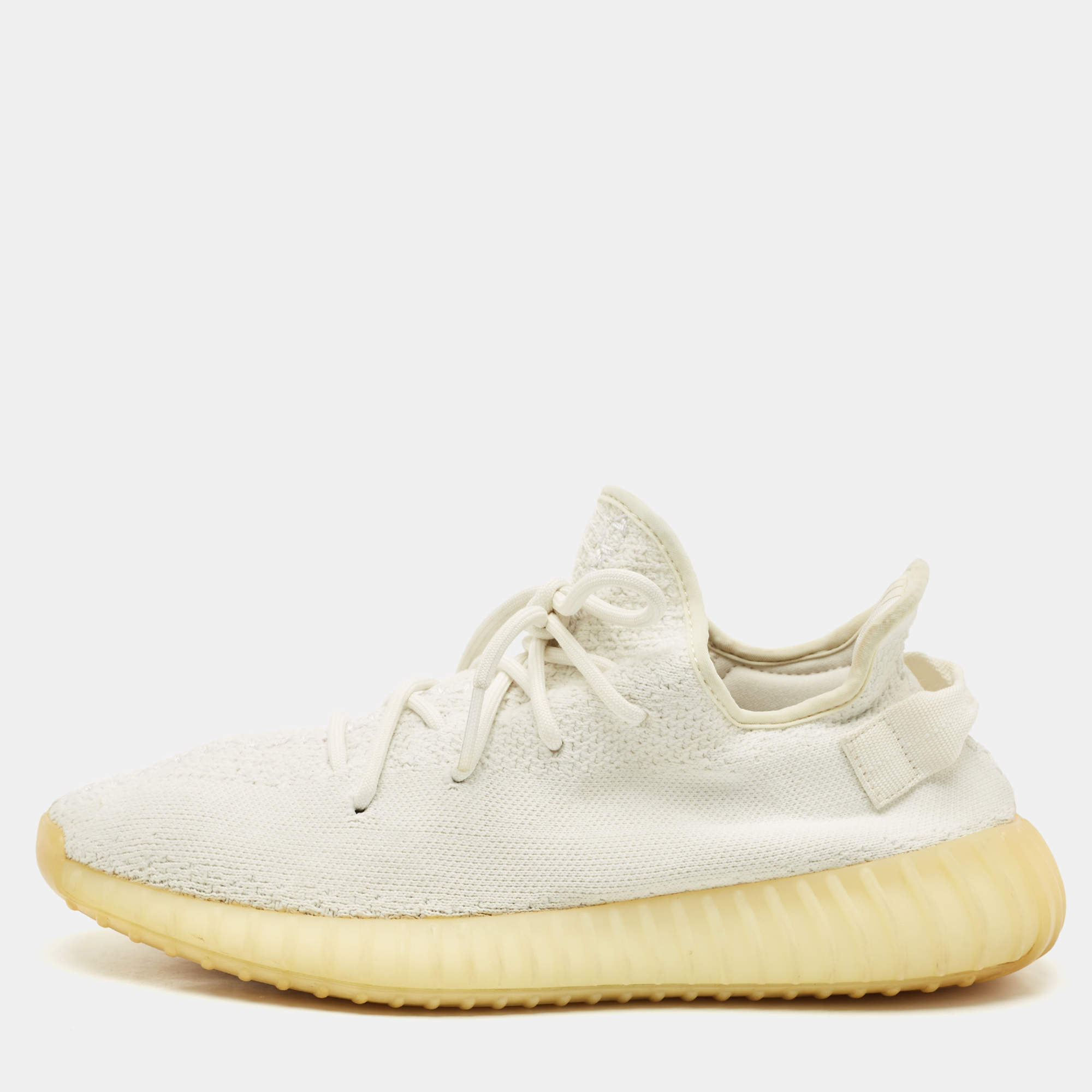 Pre Owned Yeezy x Adidas White Knit Fabric Boost 350 V2 Cream White Sneakers Size 44