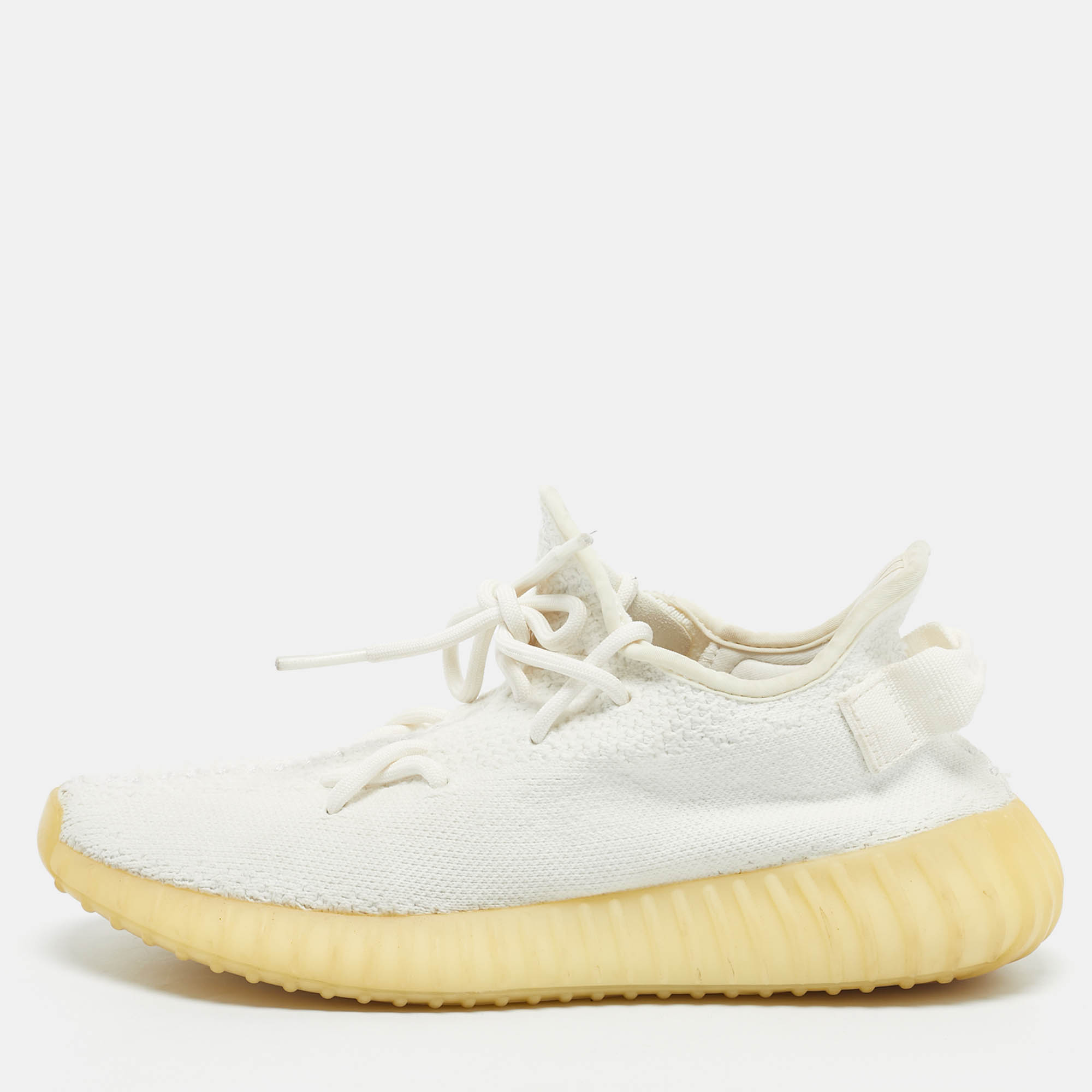 Pre Owned Yeezy x Adidas White Knit Fabric Boost 350 V2 Cream Sneakers Size 40