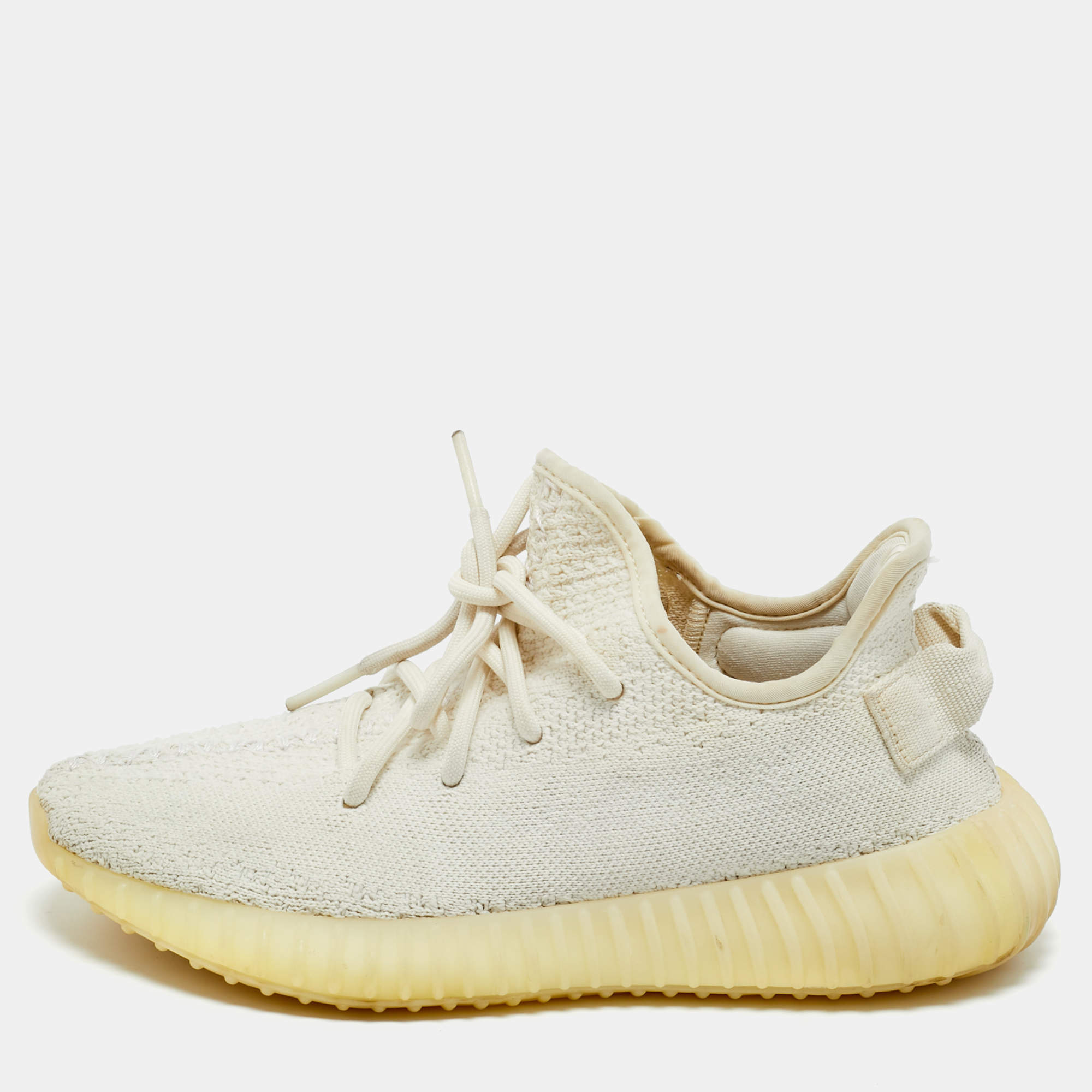 Pre Owned Yeezy x Adidas White Knit Fabric Boost 350 V2 Cream Sneakers Size 38