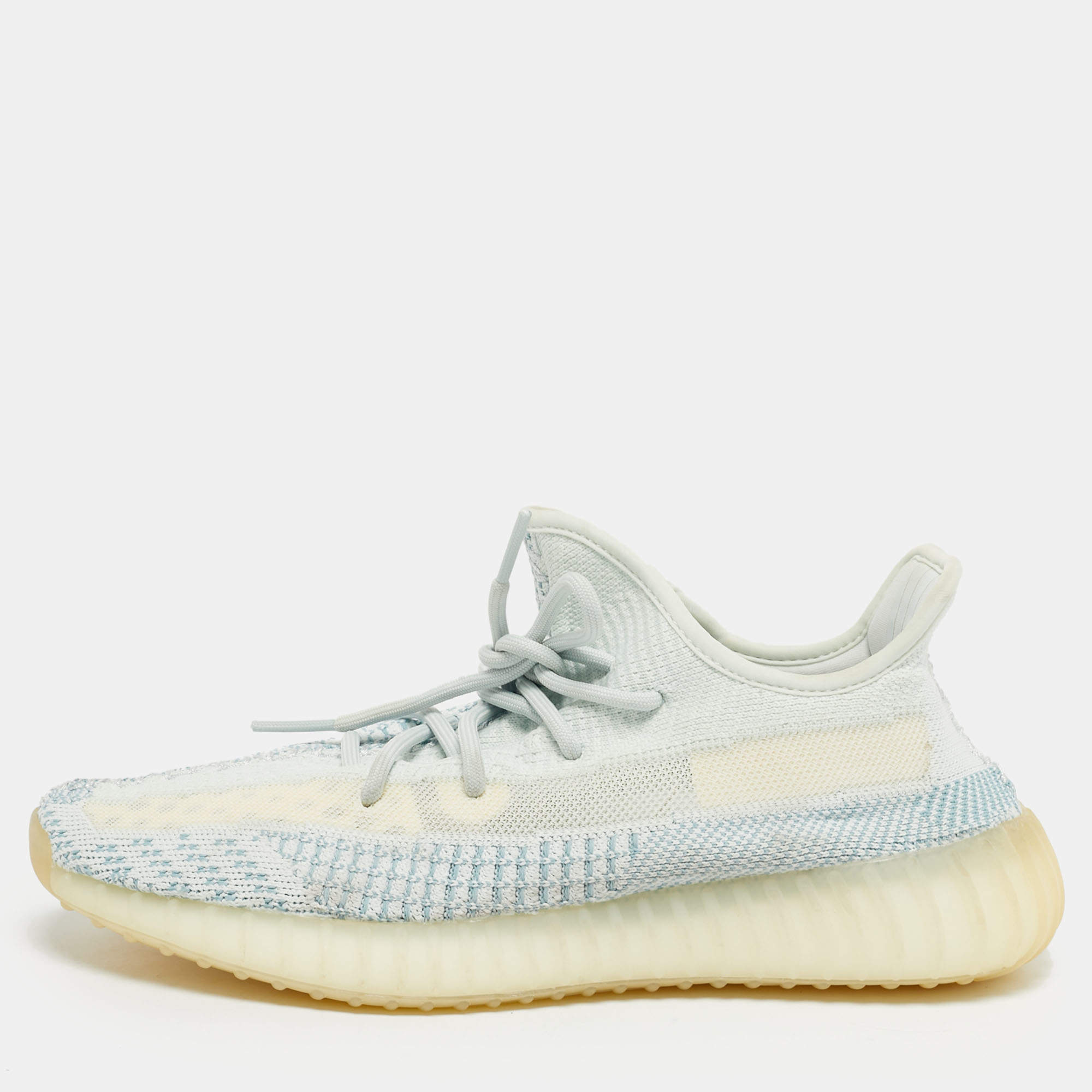 Pre Owned Yeezy x Adidas Blue/White Knit Fabric Boost 350 V2 Cloud White (Non-Reflective) Sneakers 43 1/3