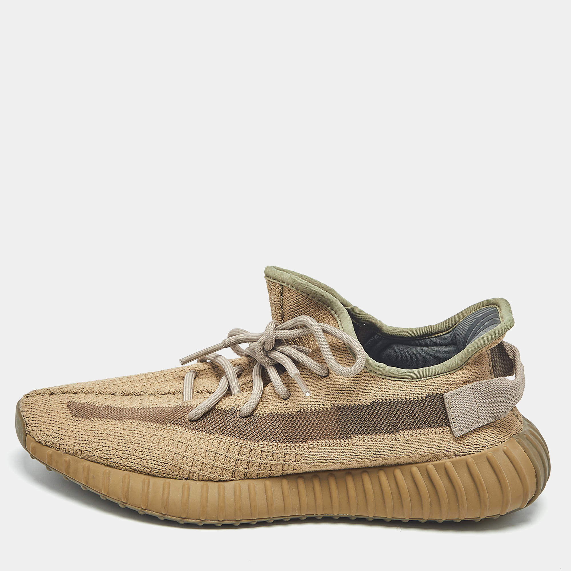 Pre Owned Yeezy x Adidas Brown Knit Fabric Boost 350 V2 Earth Lace Up Sneakers Size 42