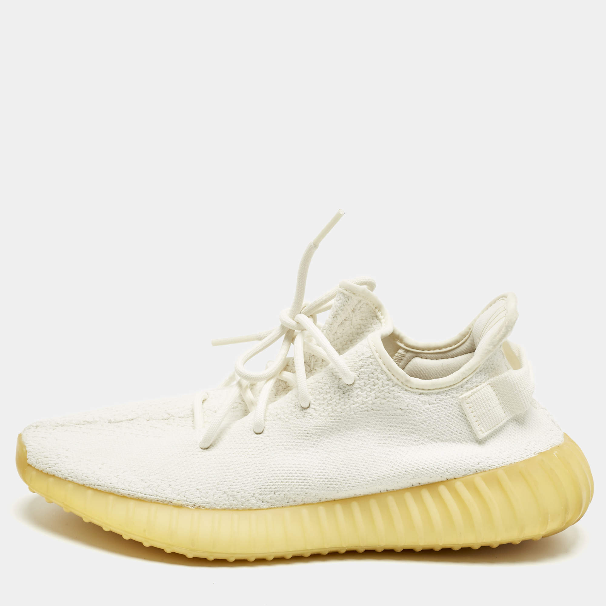 Pre Owned Yeezy x Adidas White Knit Fabric Boost 350 V2 Low Top Sneakers Size 42 2/3