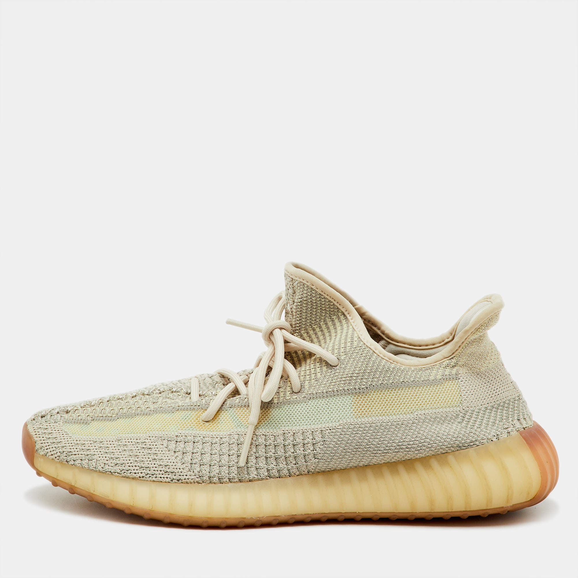 Pre Owned Yeezy x Adidas Grey/Cream Knit Fabric Boost 350 V2 Citrin Sneakers Size 46