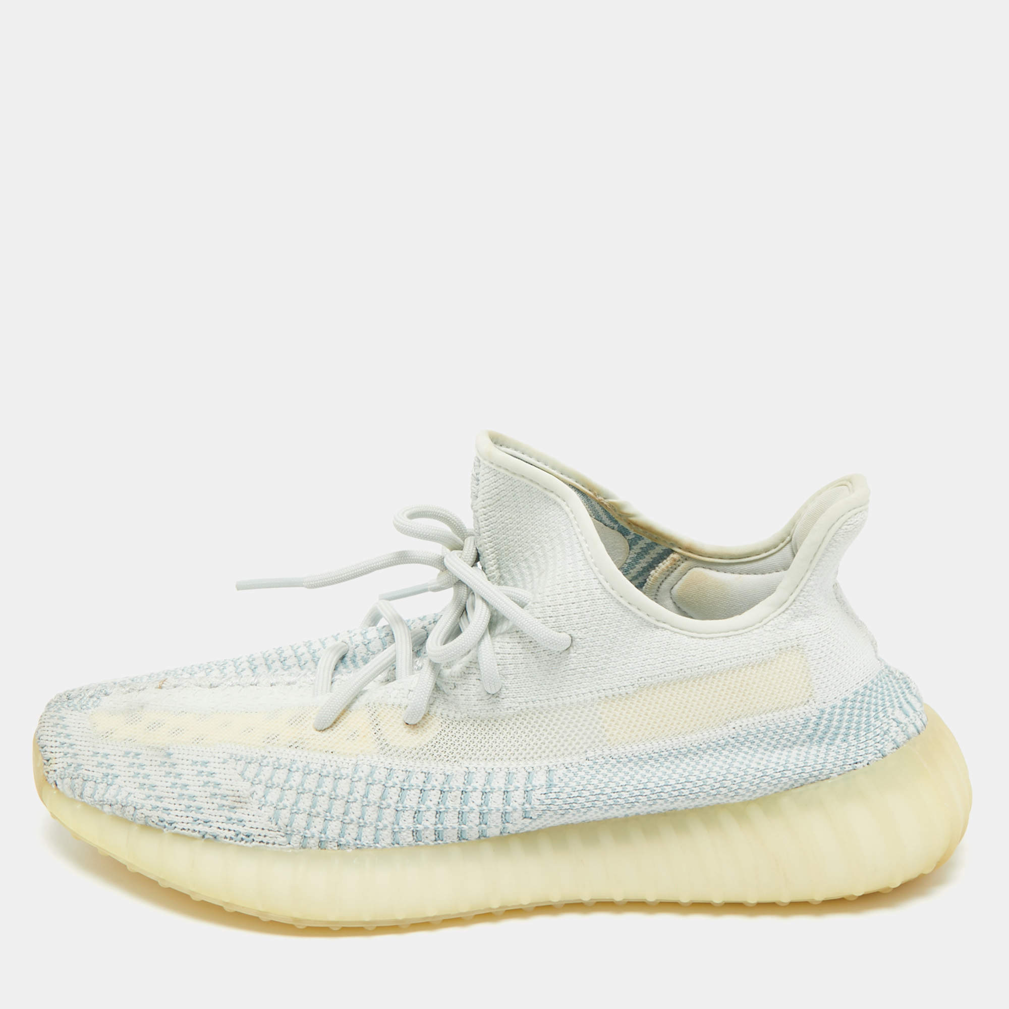 Pre Owned Yeezy x Adidas Blue/White Knit Fabric Boost 350 V2 Cloud White (Non-Reflective) Sneakers 46 2/3