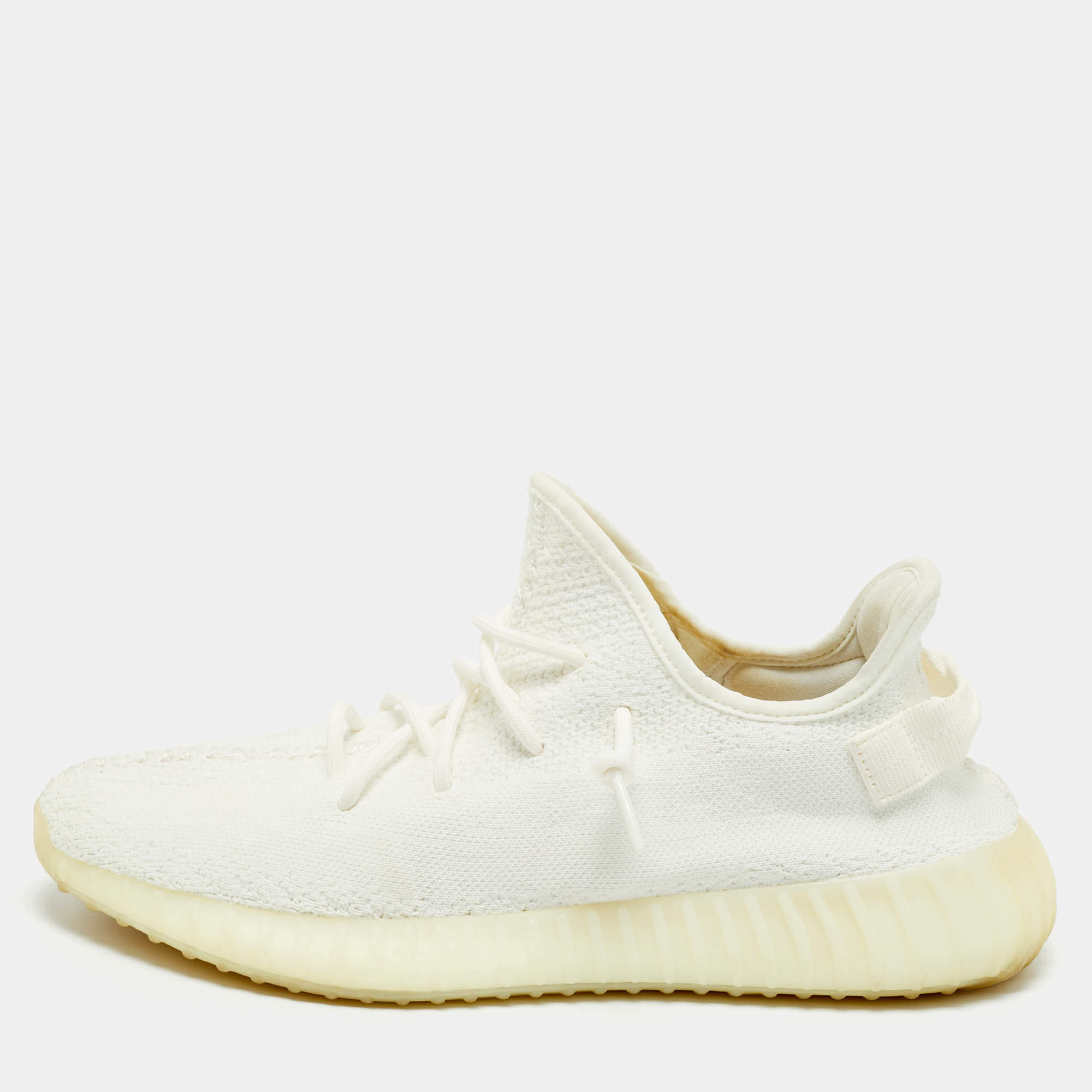 Pre Owned Yeezy x Adidas White Knit Fabric Boost 350 V2 Cream Sneakers Size 46 2/3