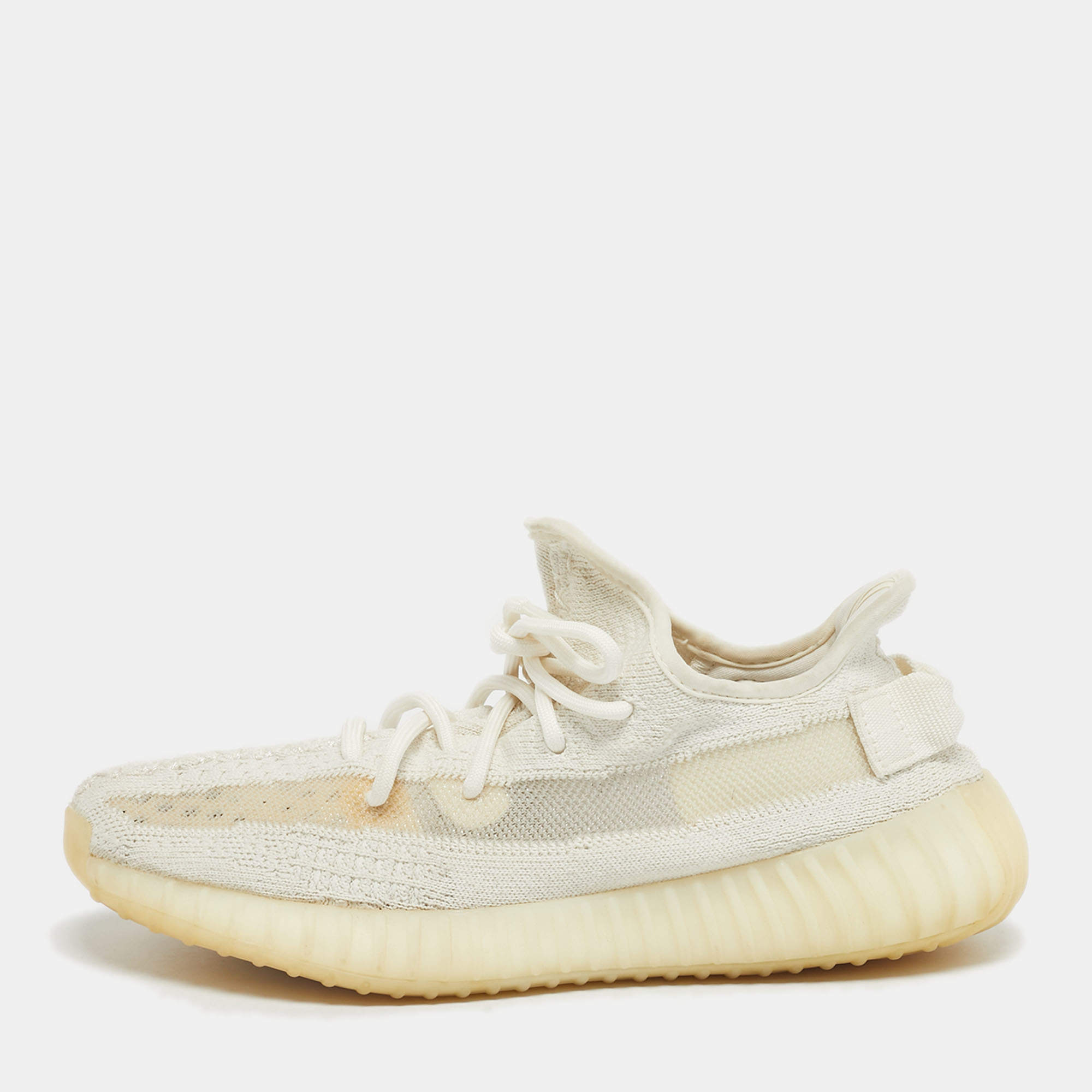 Pre Owned Yeezy x Adidas White Knit Fabric Boost 350 V2 Bone Sneakers Size 39 1/3