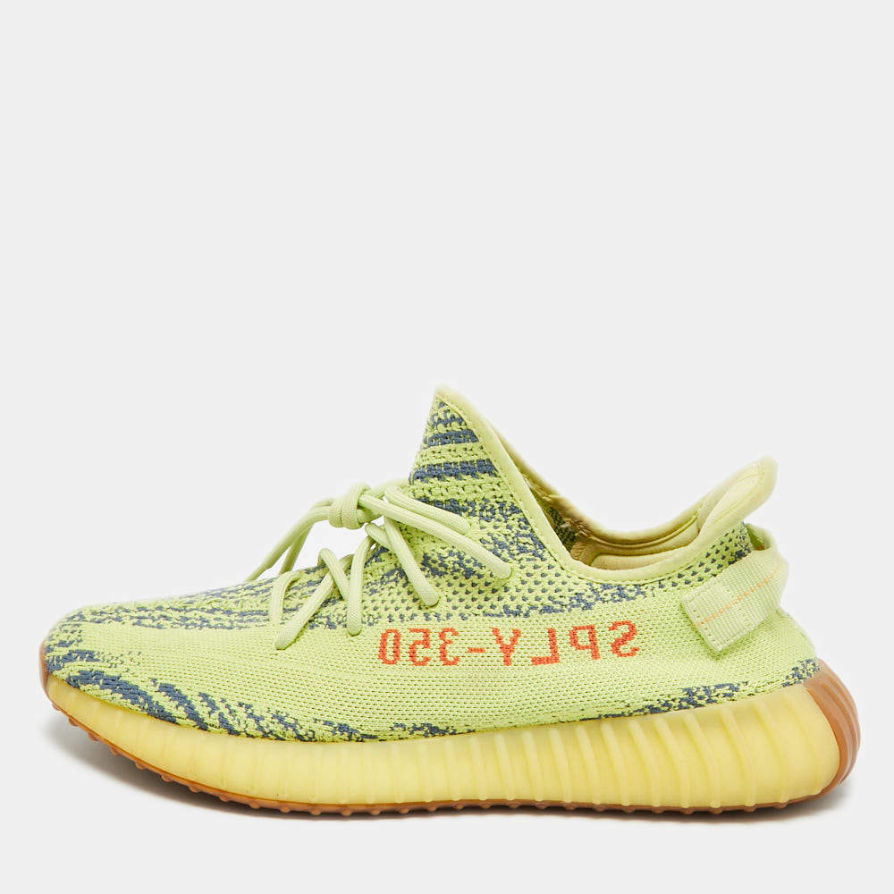 Pre Owned Yeezy x Adidas Boost 350 V2 Size 46.5 Yellow Knit Fabric Semi Frozen Low Top Sneakers