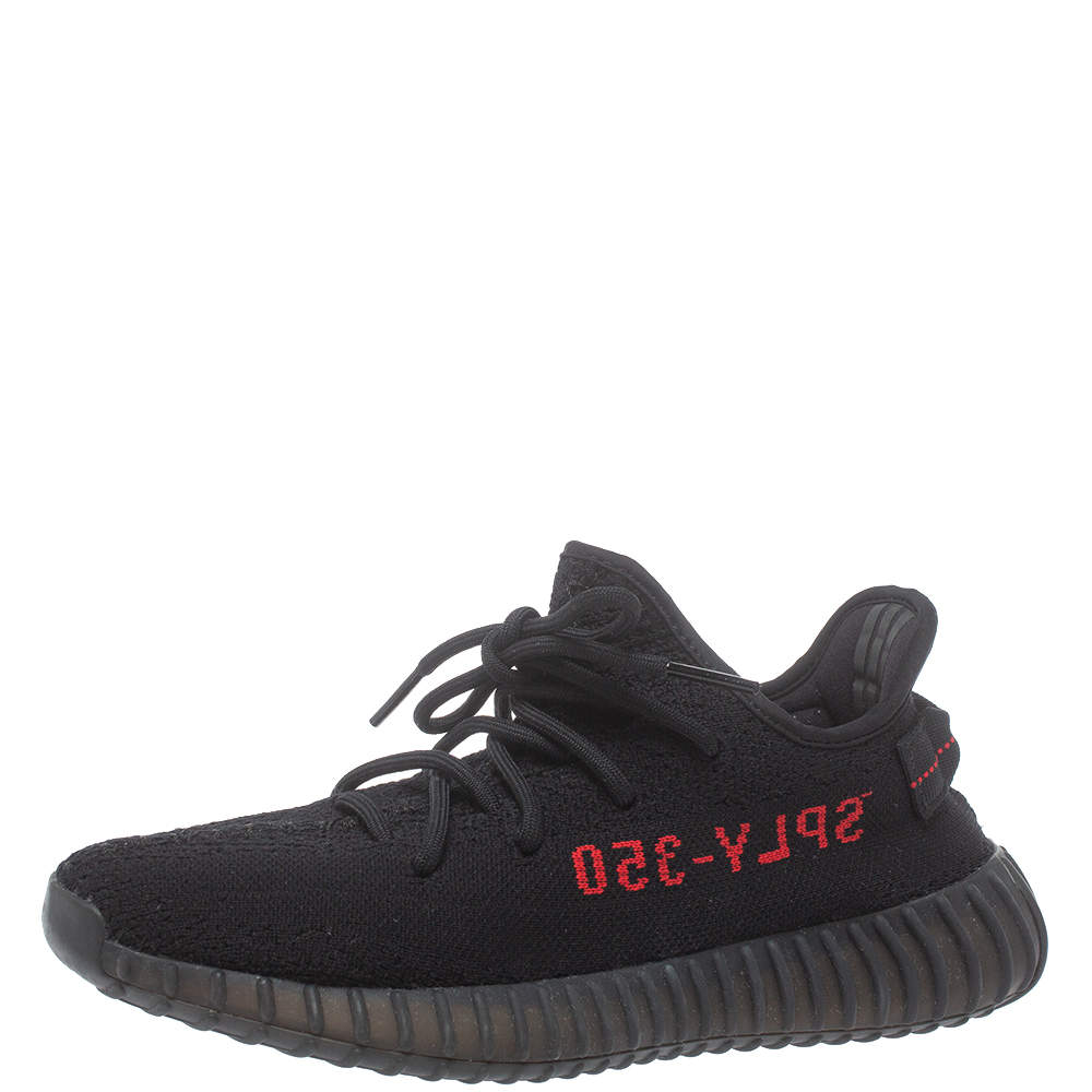 Pre Owned Adidas Yeezy Black/Red Knit Fabric Boost 350 V2 Low Top Sneakers Size 40.5