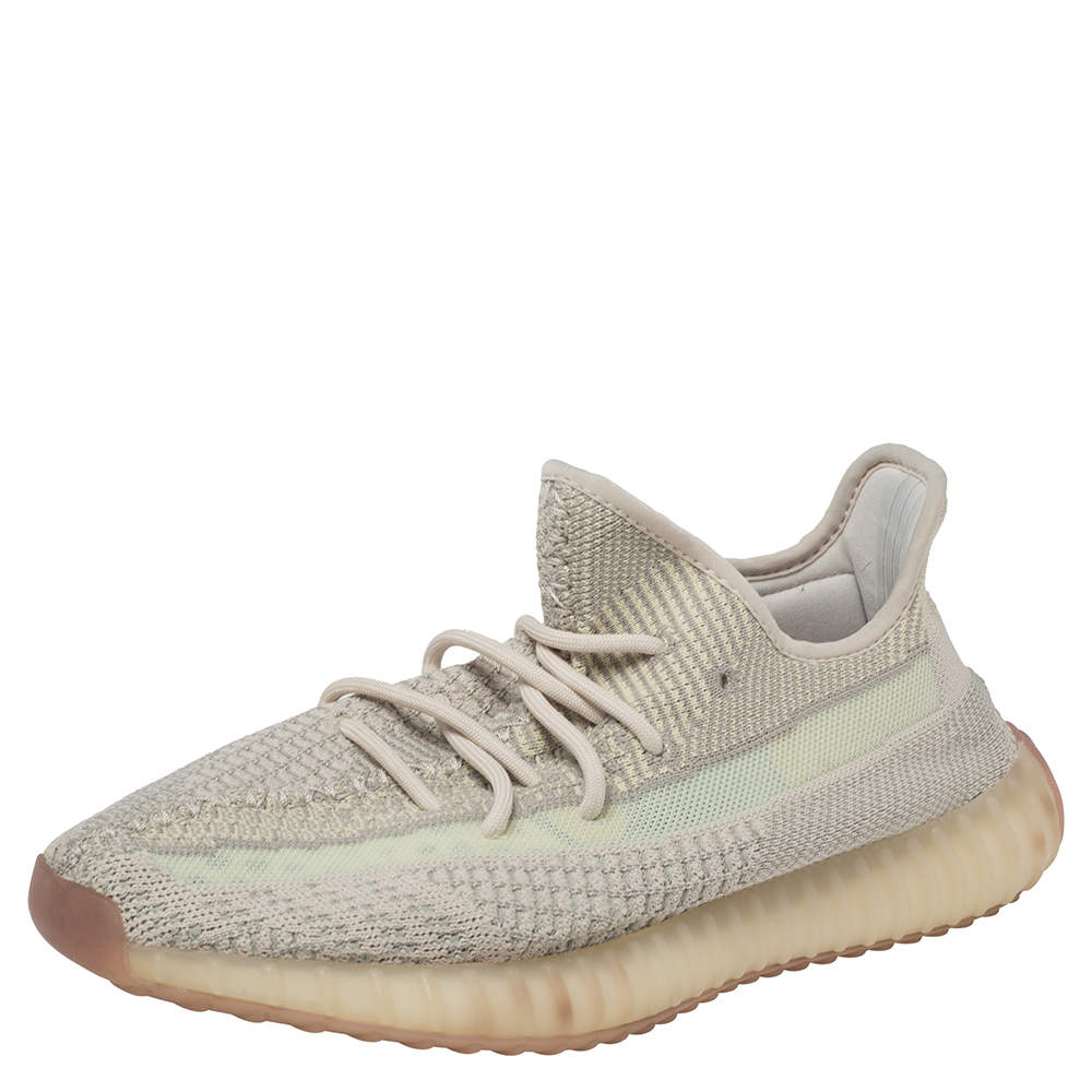 Pre Owned Yeezy x adidas Cream/Grey Knit Fabric Boost 350 V2 Citrin Sneakers Size 42 2/3