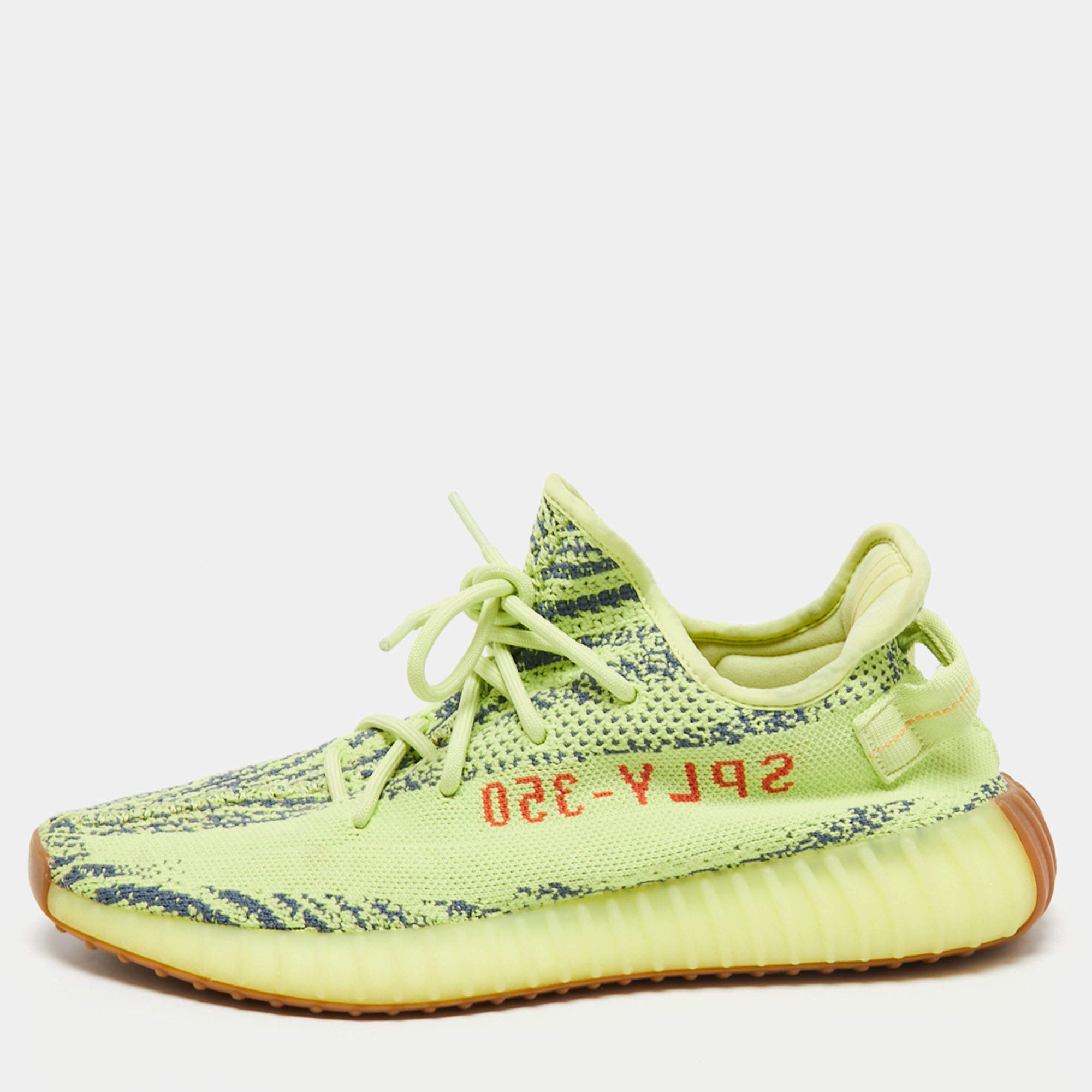 Pre Owned Yeezy x Adidas Neon Yellow Knit Fabric Boost 350 V2 Semi Frozen Yellow Sneakers Size 44