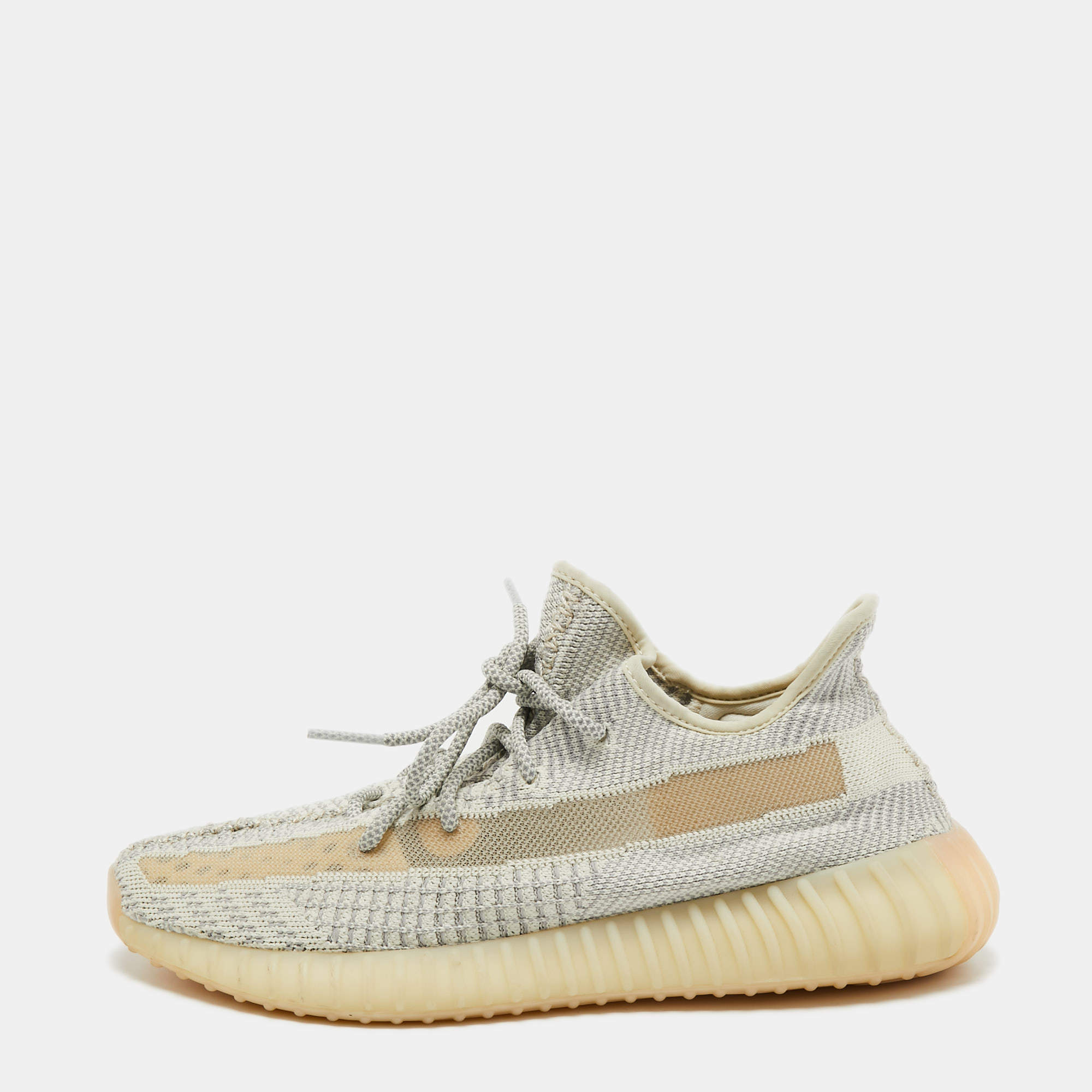 Pre Owned Yeezy x Adidas Grey /Cream Knit Fabric Boost 350 V2 Lundmark Sneakers Size 44