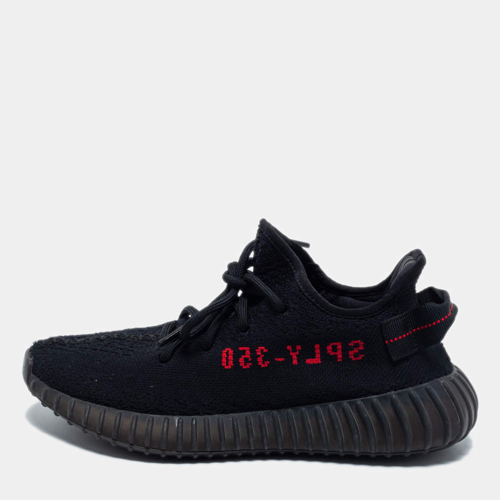 Pre Owned Yeezy x Adidas Black/Red Knit Fabric Boost 350 V2 Bred Sneakers Size 38
