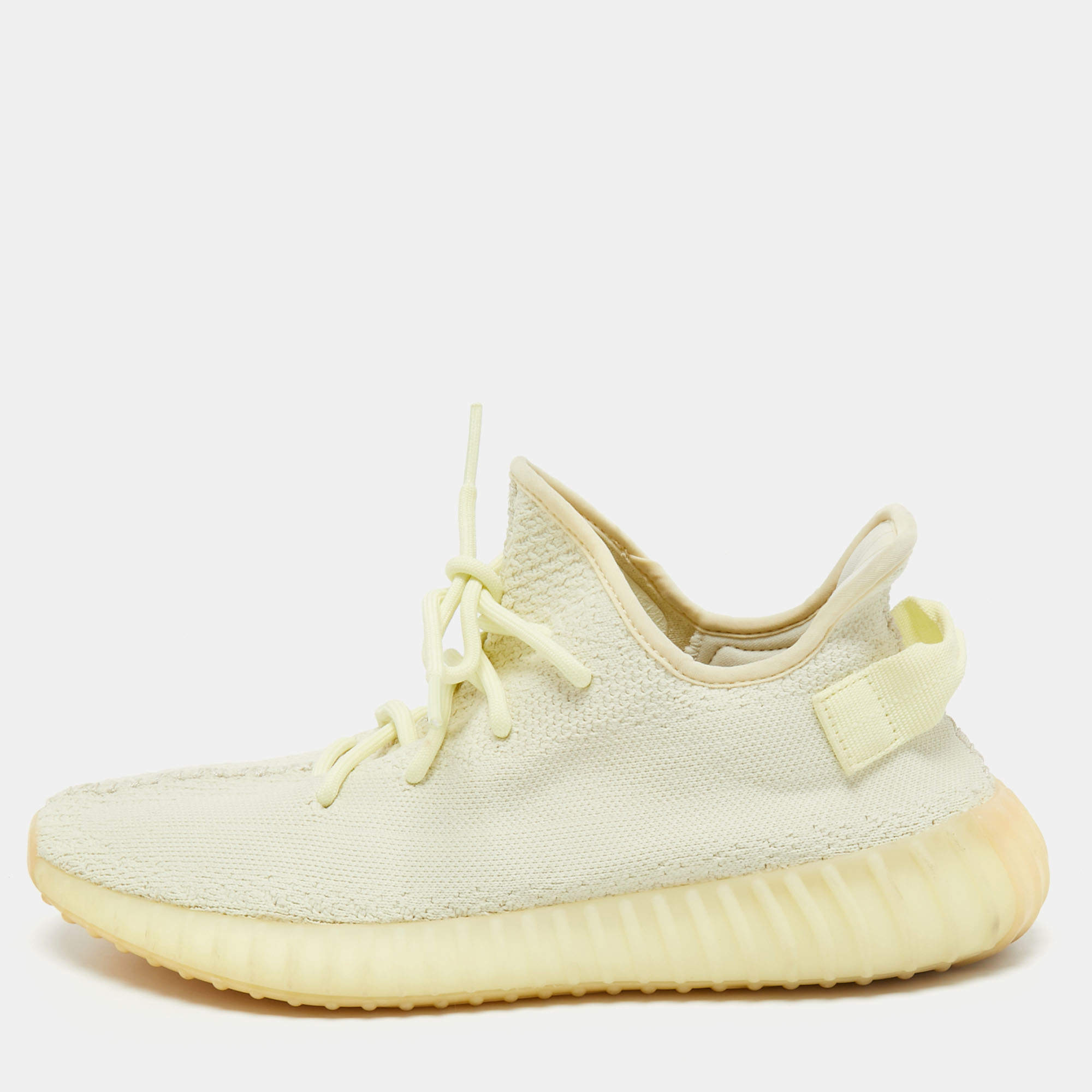 Pre Owned Yeezy x Adidas Light Yellow Knit Fabric Boost 350 V2 Butter Sneakers Size 45 1/3