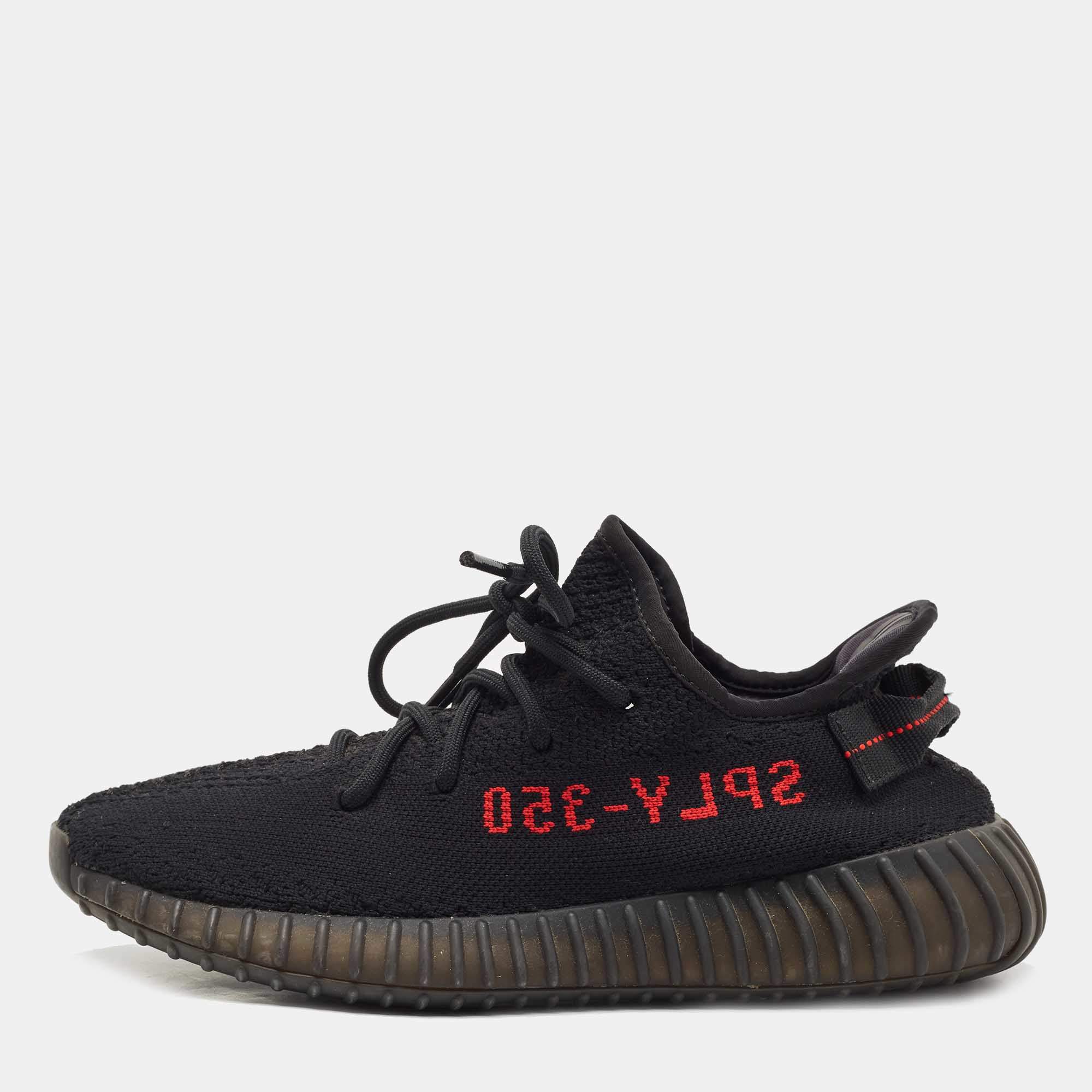 Adidas Yeezy Black Knit Fabric Boost 350 V2 Black Red Sneakers Size 40 2/3