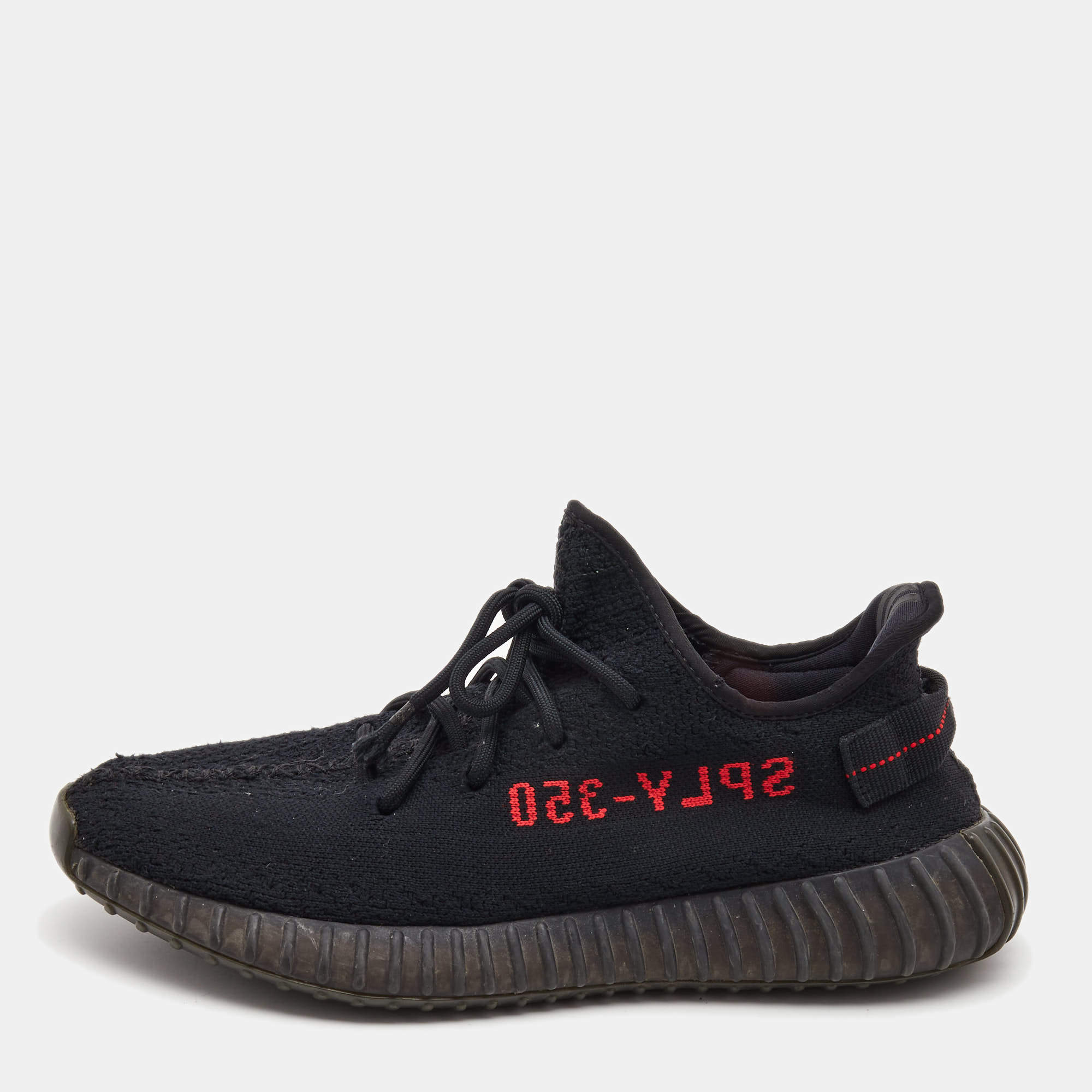 Pre Owned Yeezy x Adidas Black Knit Fabric Boost 350 V2 Bred Sneakers Size 43 1/3