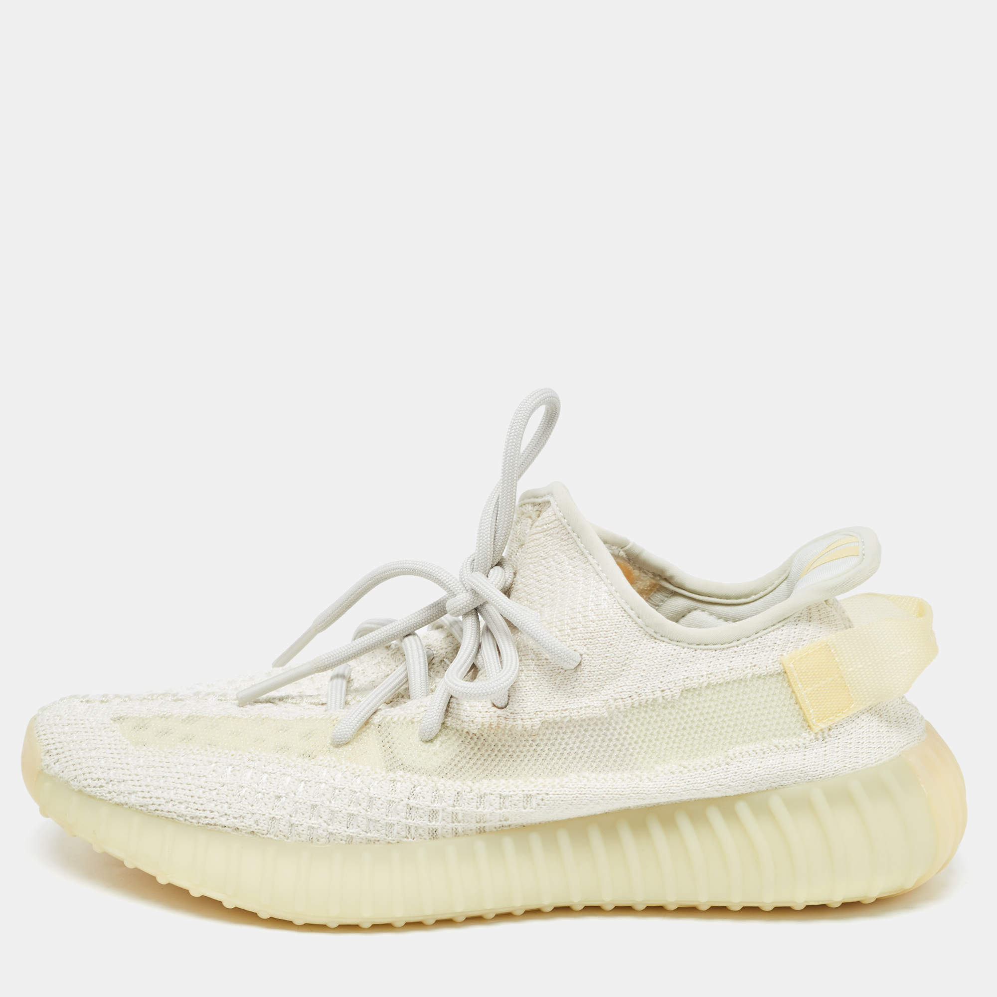 Pre Owned Yeezy x adidas Cream Cotton Knit Fabric Boost 350 V2 Triple White Sneakers Size 42