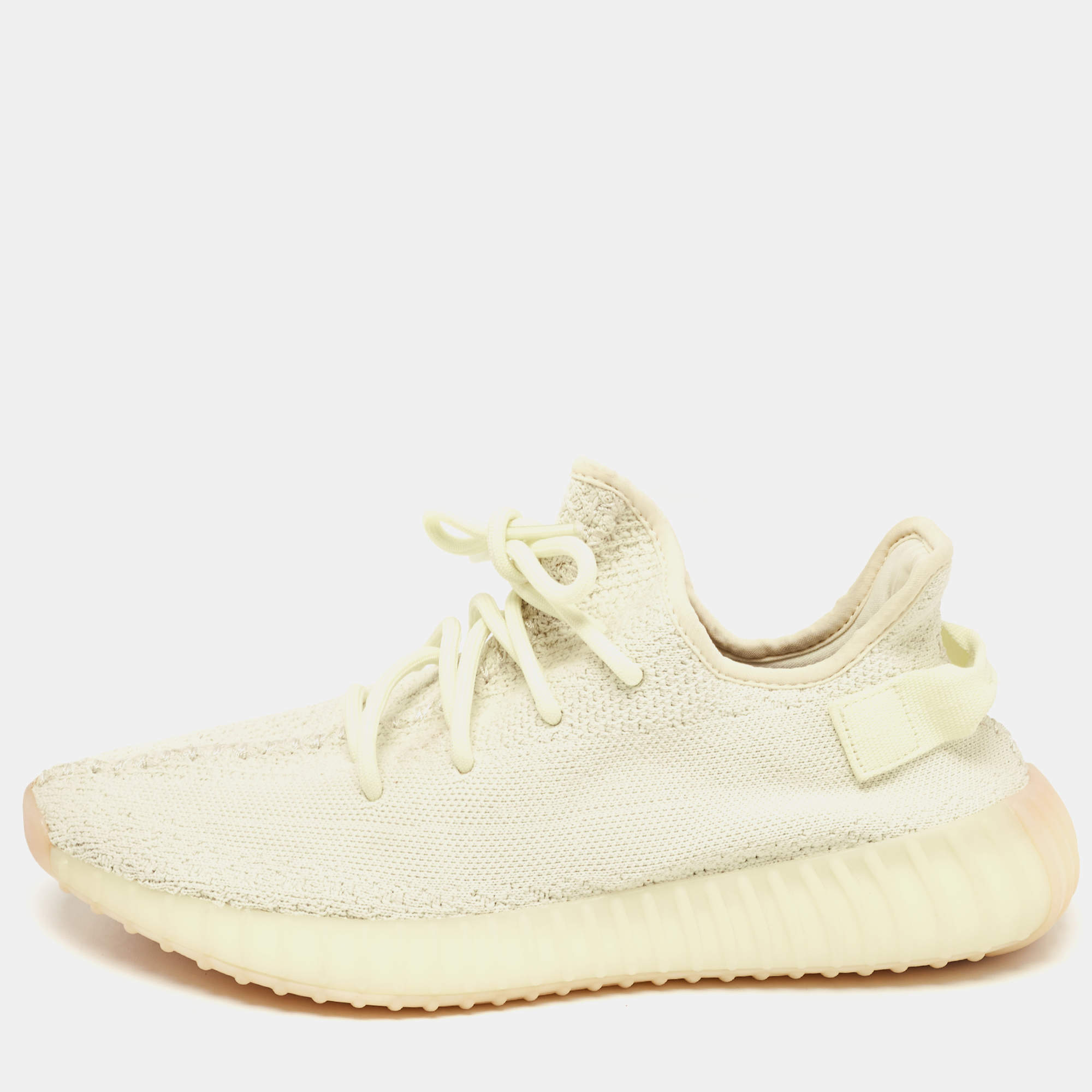 Pre Owned Yeezy x Adidas Light Yellow Knit Fabric Boost 350 V2 Butter Sneakers Size 42 2/3