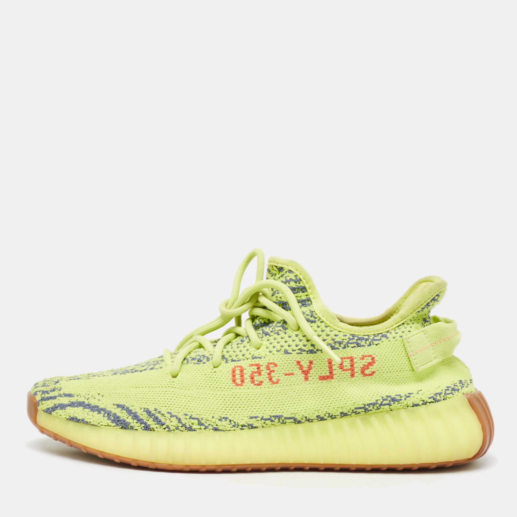 Pre Owned Yeezy x Adidas Neon Yellow Knit Fabric Boost 350 V2 Semi Frozen Yellow Sneakers Size 42 2/3
